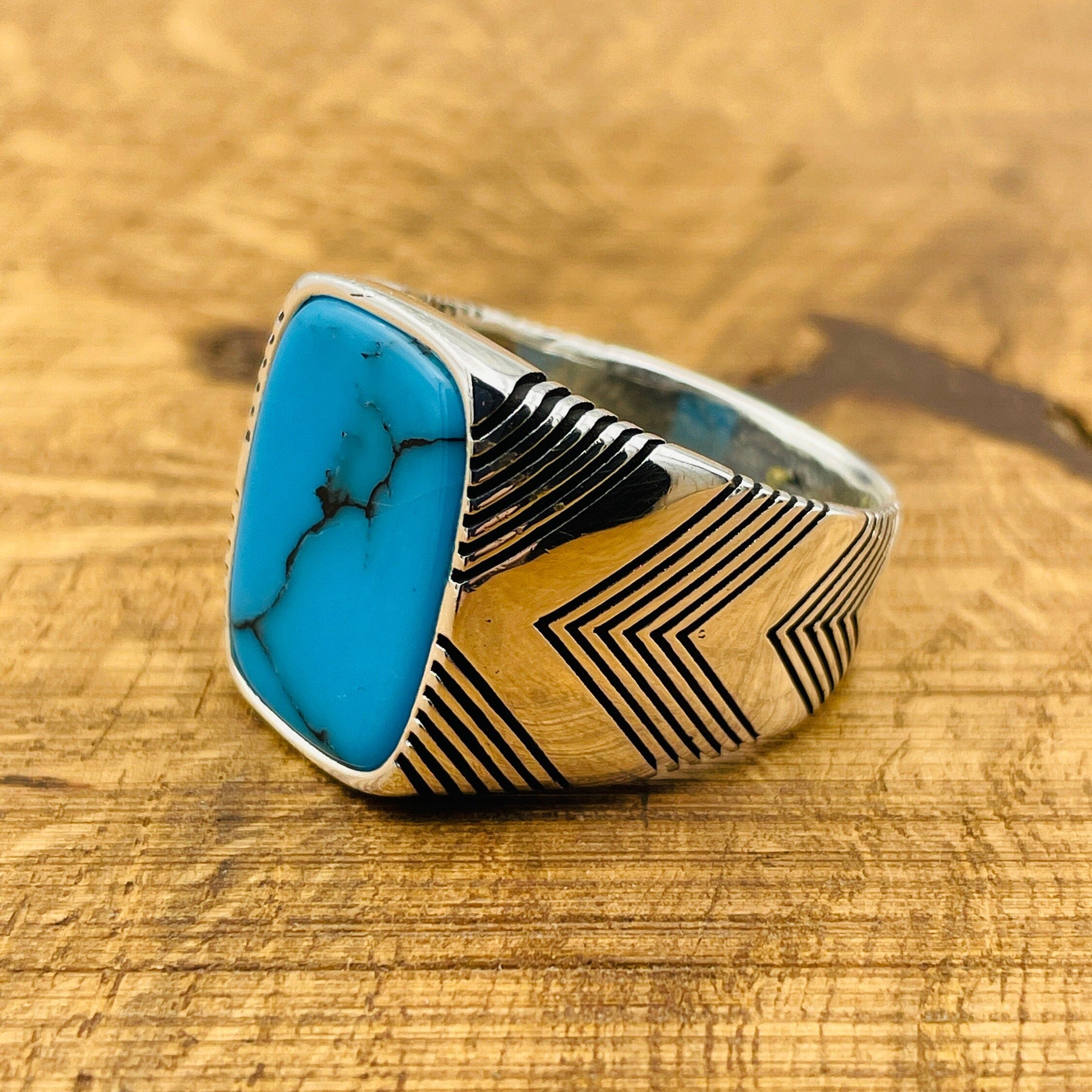 خاتم مربع من الفيروز الأزرق الفضي الإسترليني اليدوي الصنع للرجال التركي