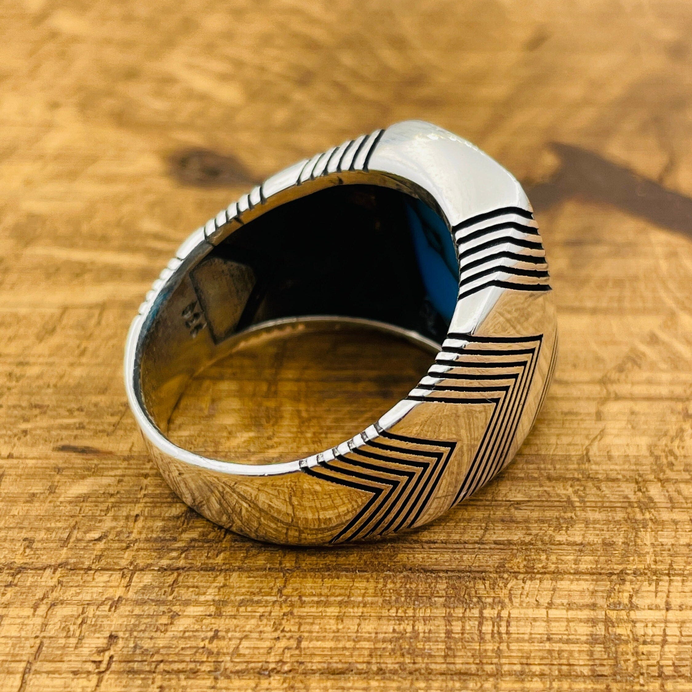 خاتم مربع من الفيروز الأزرق الفضي الإسترليني اليدوي الصنع للرجال التركي