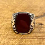 Handmade Turkish Men's Square Red Agate 925 Sterling Silver Ring | Ottoman Inspired Gift