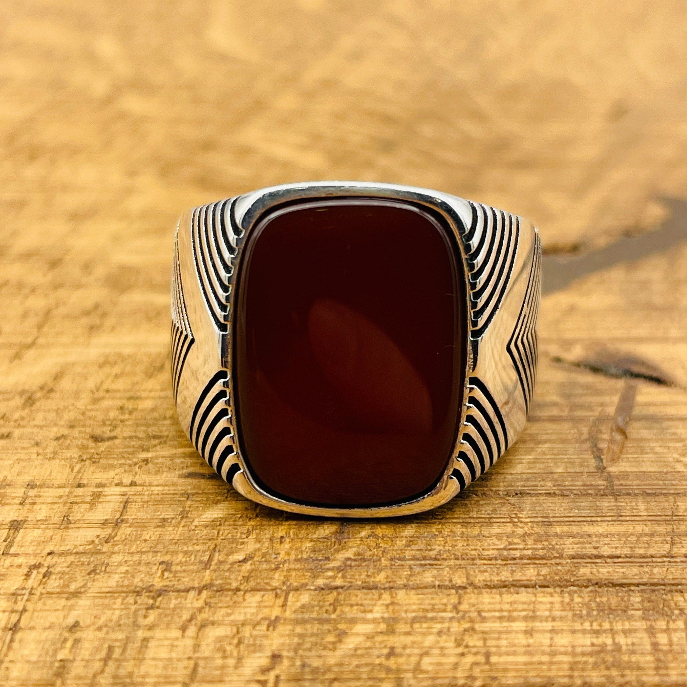 Handmade Turkish Men's Square Red Agate 925 Sterling Silver Ring | Ottoman Inspired Gift