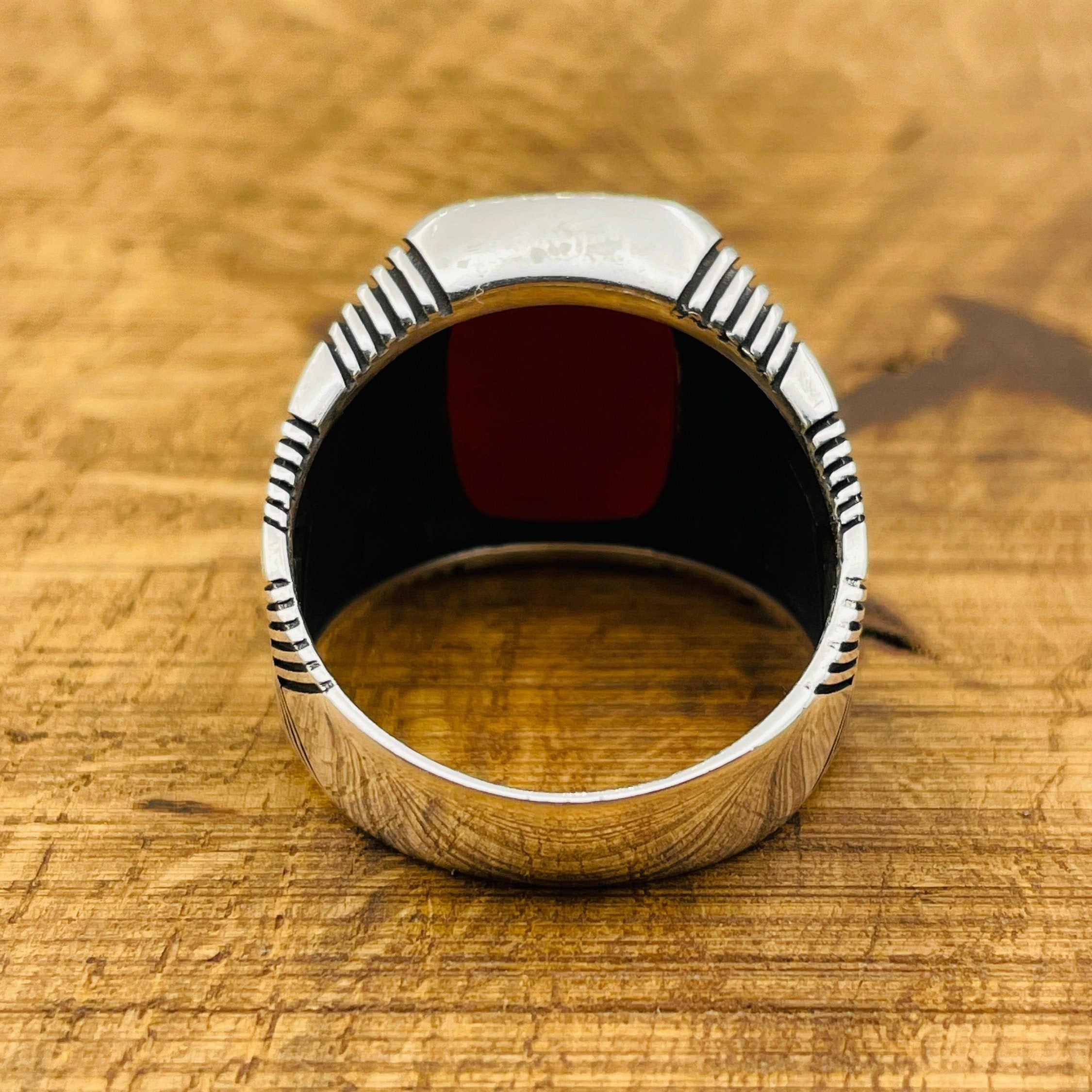 Handmade Turkish Men's Square Red Agate 925 Sterling Silver Ring | Ottoman Inspired Gift