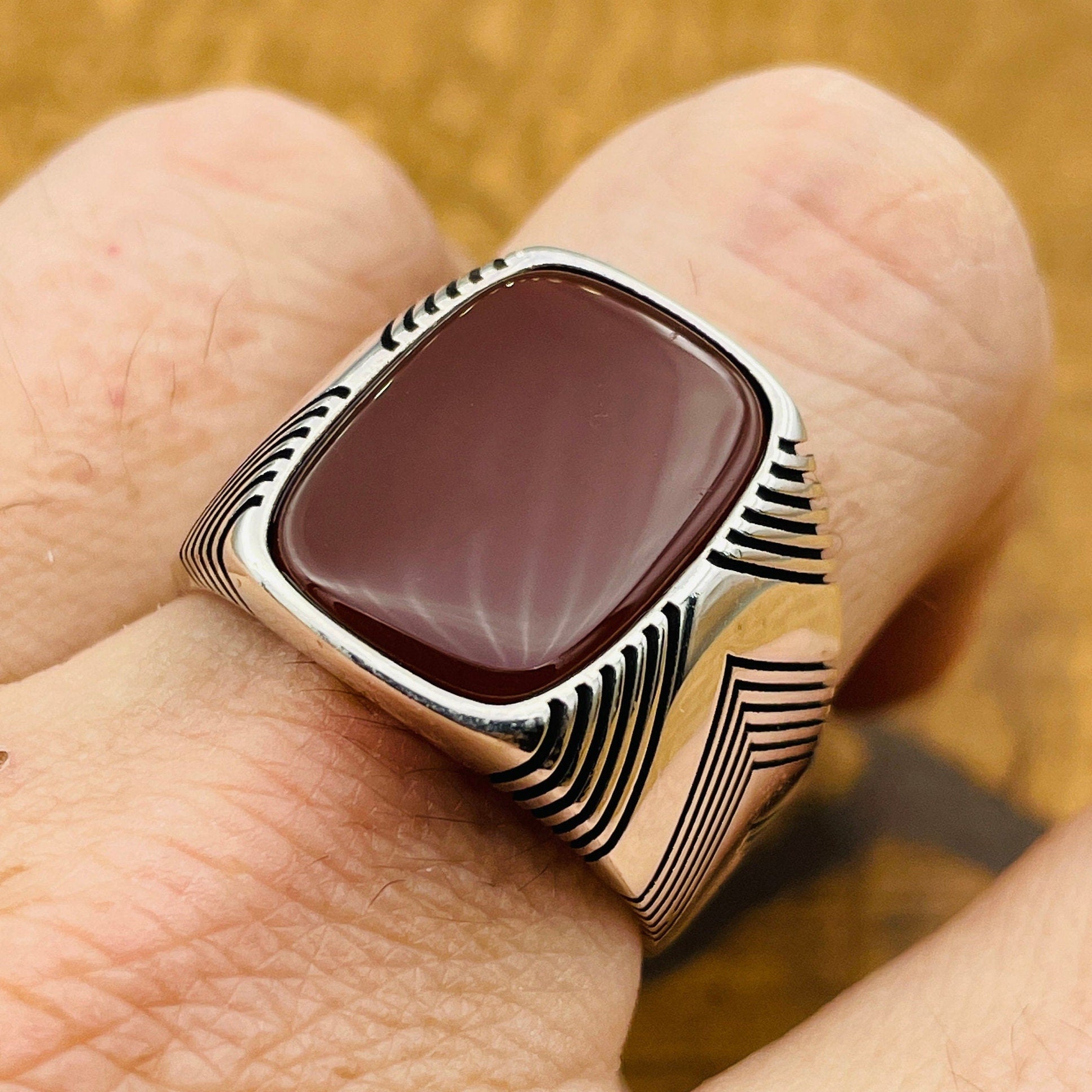 Handmade Turkish Men's Square Red Agate 925 Sterling Silver Ring | Ottoman Inspired Gift