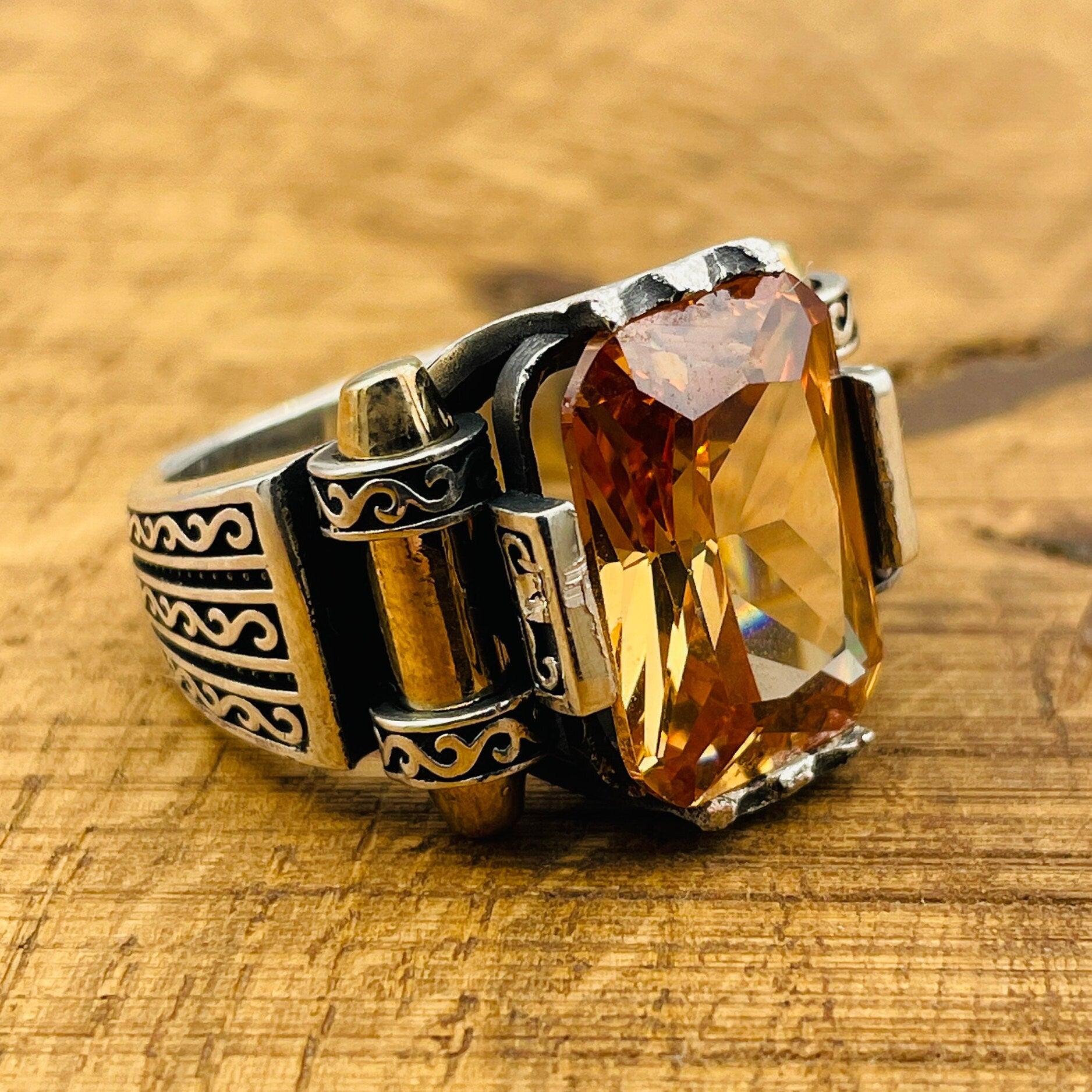 Men's Handcrafted Sterling Silver Champagne Citrine Square Ring - Unique Turkish Artistry