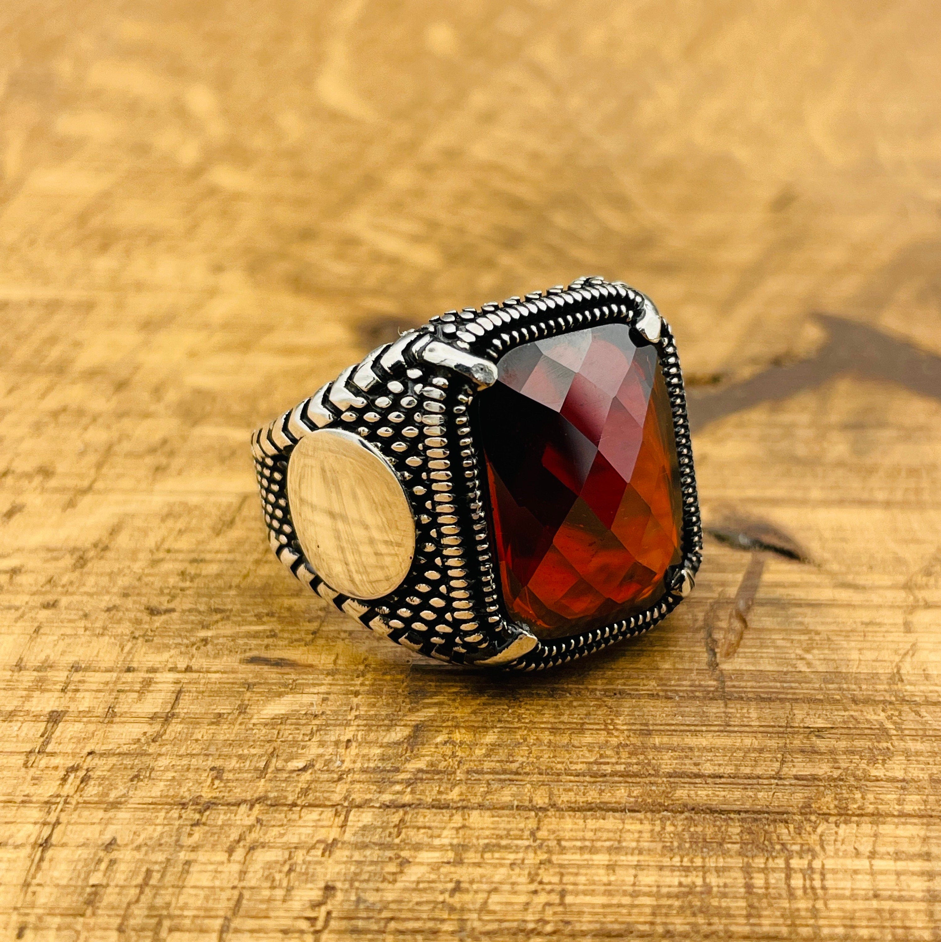 Men's Red Zircon Stone Silver Ring