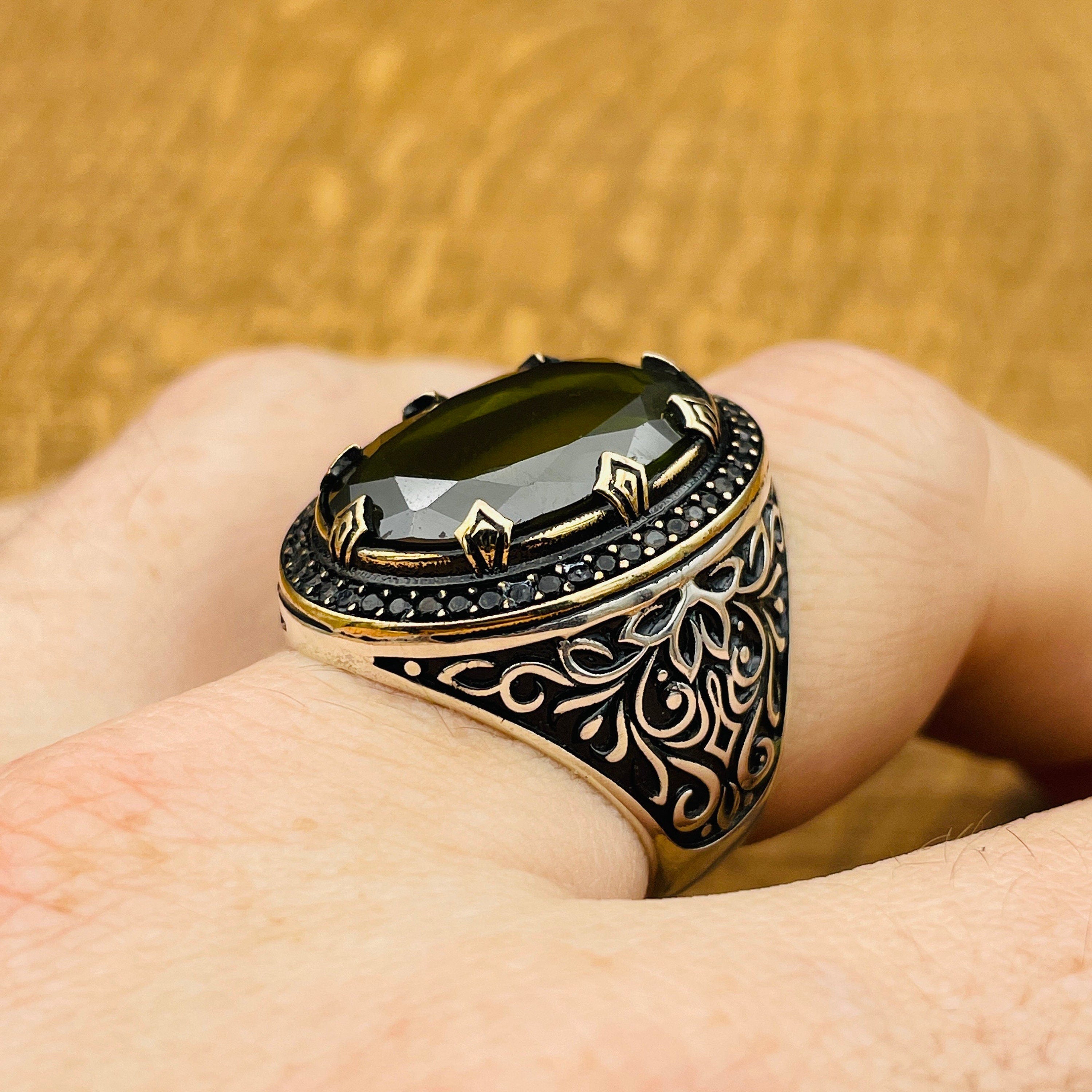 Men's Handcrafted 925 Sterling Silver Green Peridot Oval Ring - Bold Statement Gift