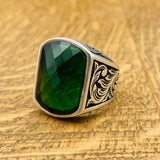 Turkish Handmade Men's 925 Sterling Silver Ring | Square Green Zircon Stone | Thoughtful Gift for Him
