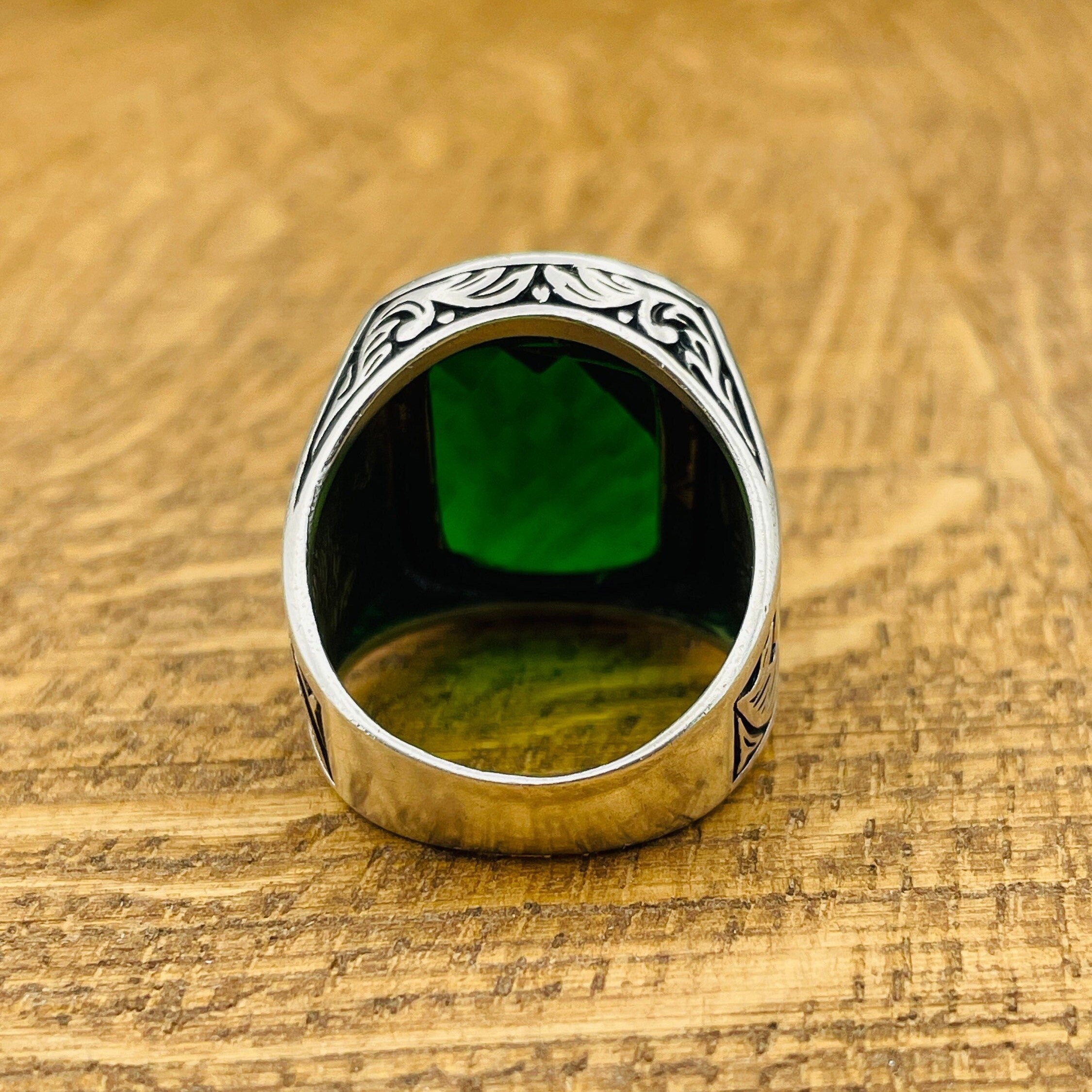 Turkish Handmade Men's 925 Sterling Silver Ring | Square Green Zircon Stone | Thoughtful Gift for Him