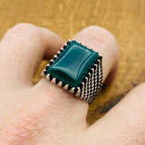 خاتم رجالي من الفضة الإسترلينية 925 مصنوع يدويًا بحجر العقيق الأخضر