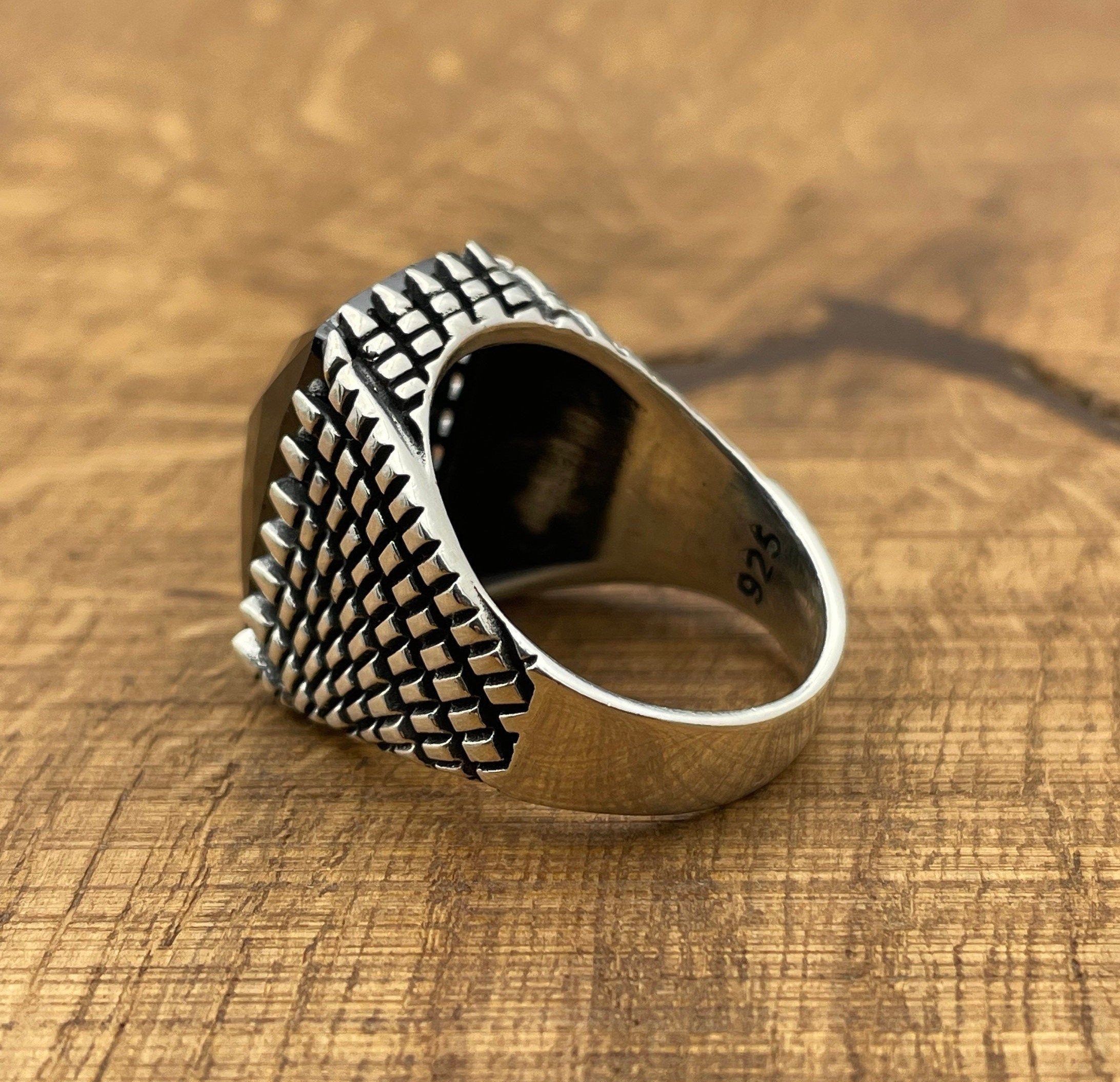 Handmade Turkish Men's Sterling Silver Black Zircon Ottoman Ring