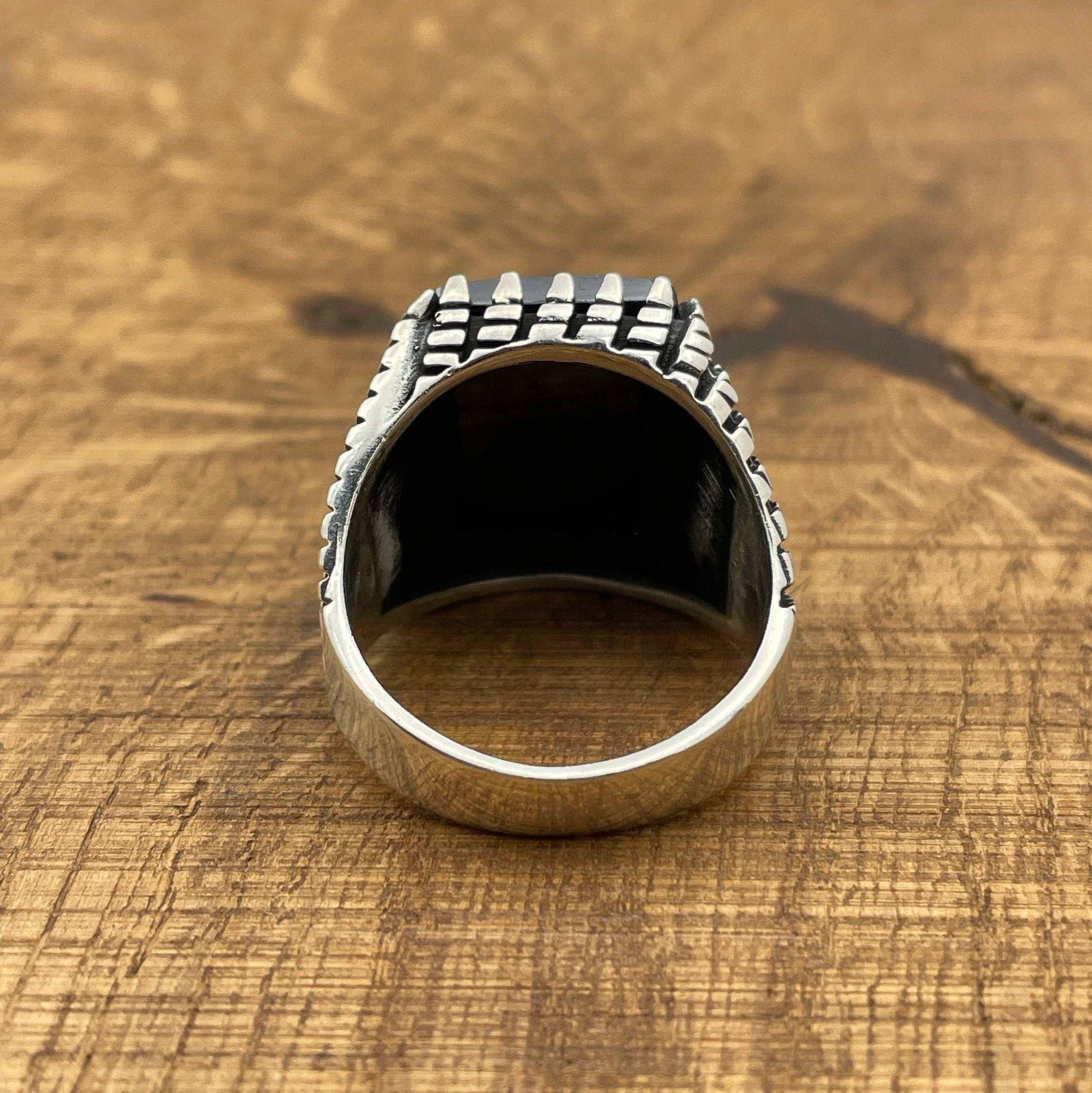 Handmade Turkish Men's Sterling Silver Black Zircon Ottoman Ring