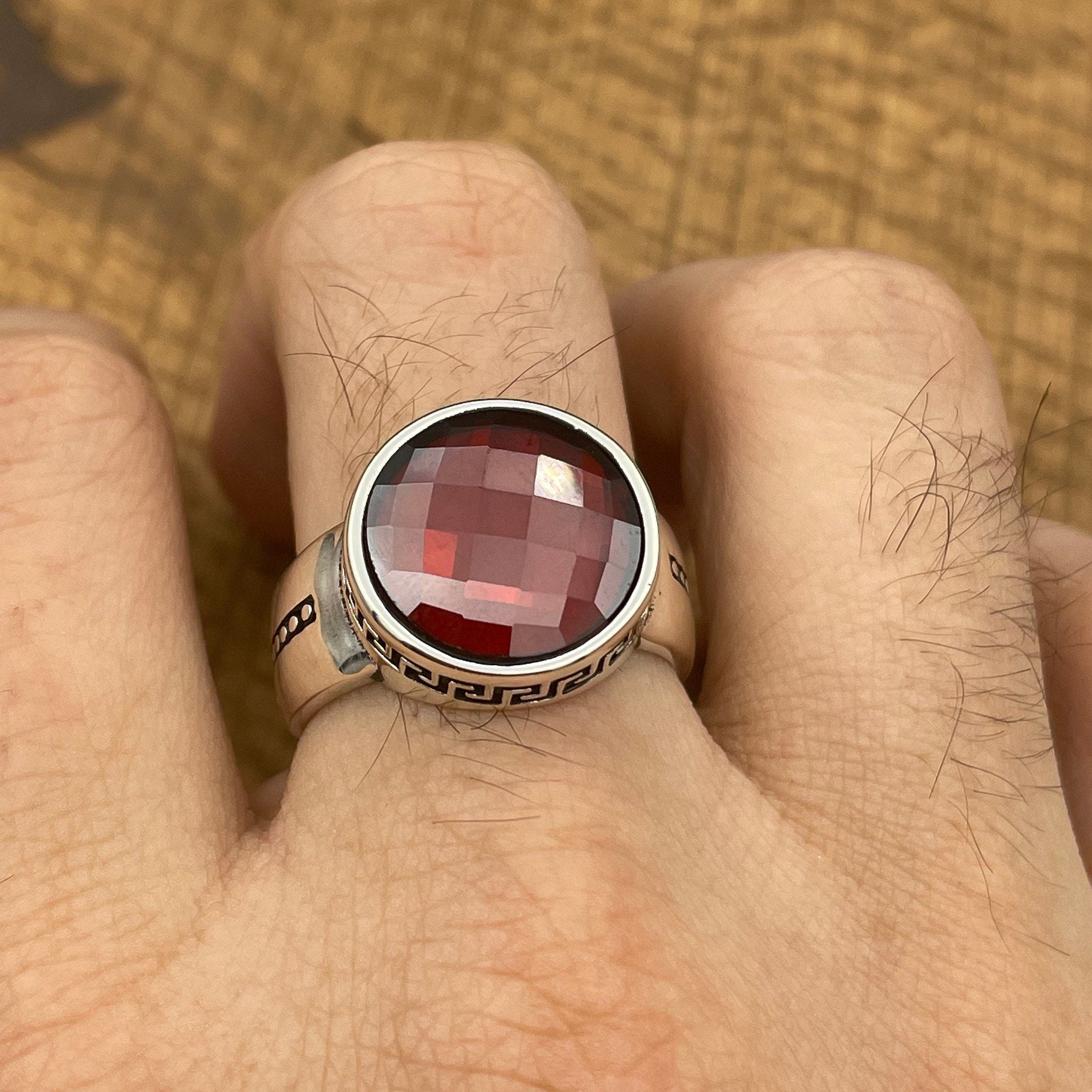 Handmade Minimalist Oval Red Zircon 925 Sterling Silver Unisex Ring - Elegant Gift