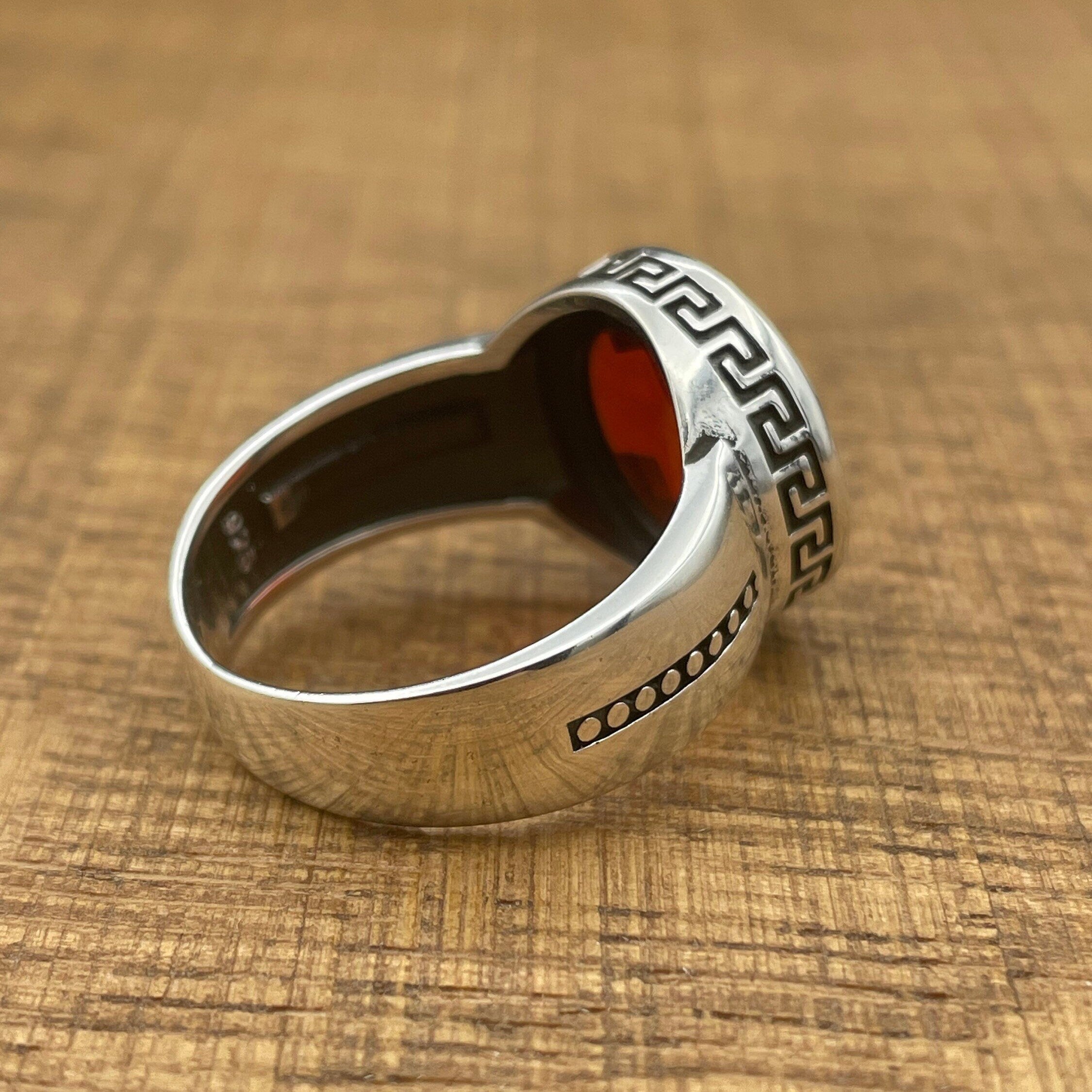 خاتم فضة استرليني 925 بسيط يدوي الشكل بيضاوي أحمر من الزركون للجنسين - هدية أنيقة