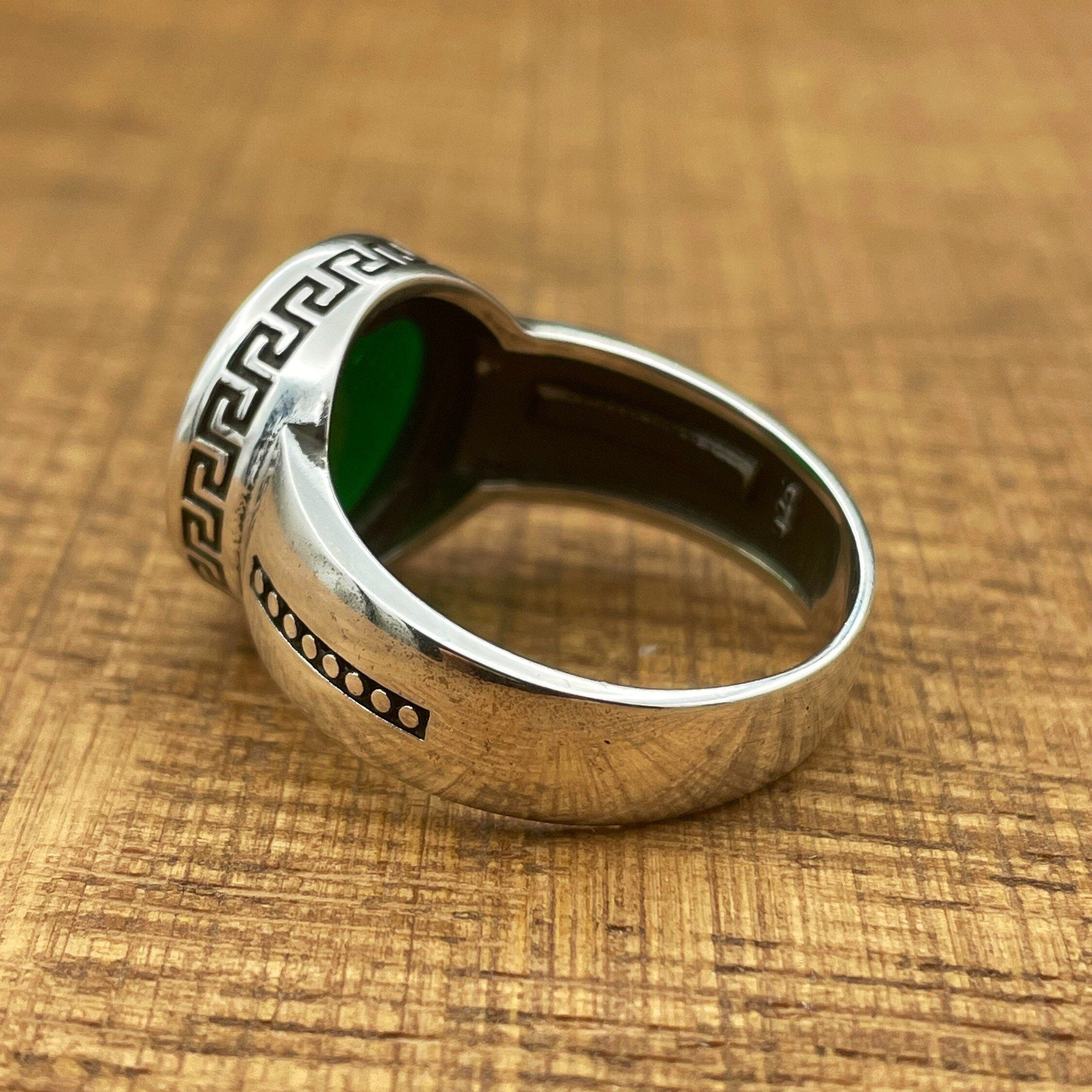 خاتم بيضاوي أخضر من الزركون مصنوع يدويًا، فضة استرليني 925، للجنسين - هدية أنيقة