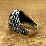 Elegant Ottoman Style Men's Handmade 925 Sterling Silver Ring - Oval Black Zircon Stone