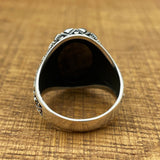 Elegant Ottoman Style Men's Handmade 925 Sterling Silver Ring - Oval Black Zircon Stone