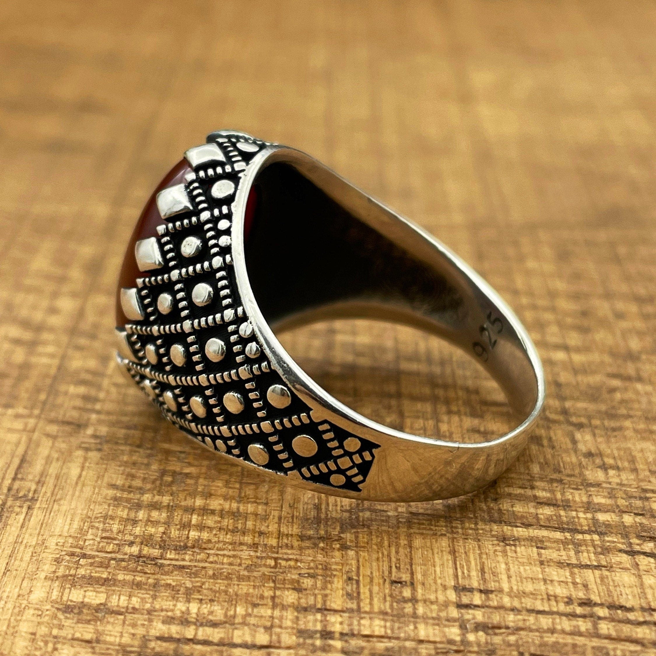 Exquisite Handmade Men's Ottoman Style 925 Sterling Silver Red Agate Ring - Authentic Turkish Craftsmanship