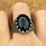 Handmade Sterling Silver Men's Ottoman Oval Black Onyx Ring