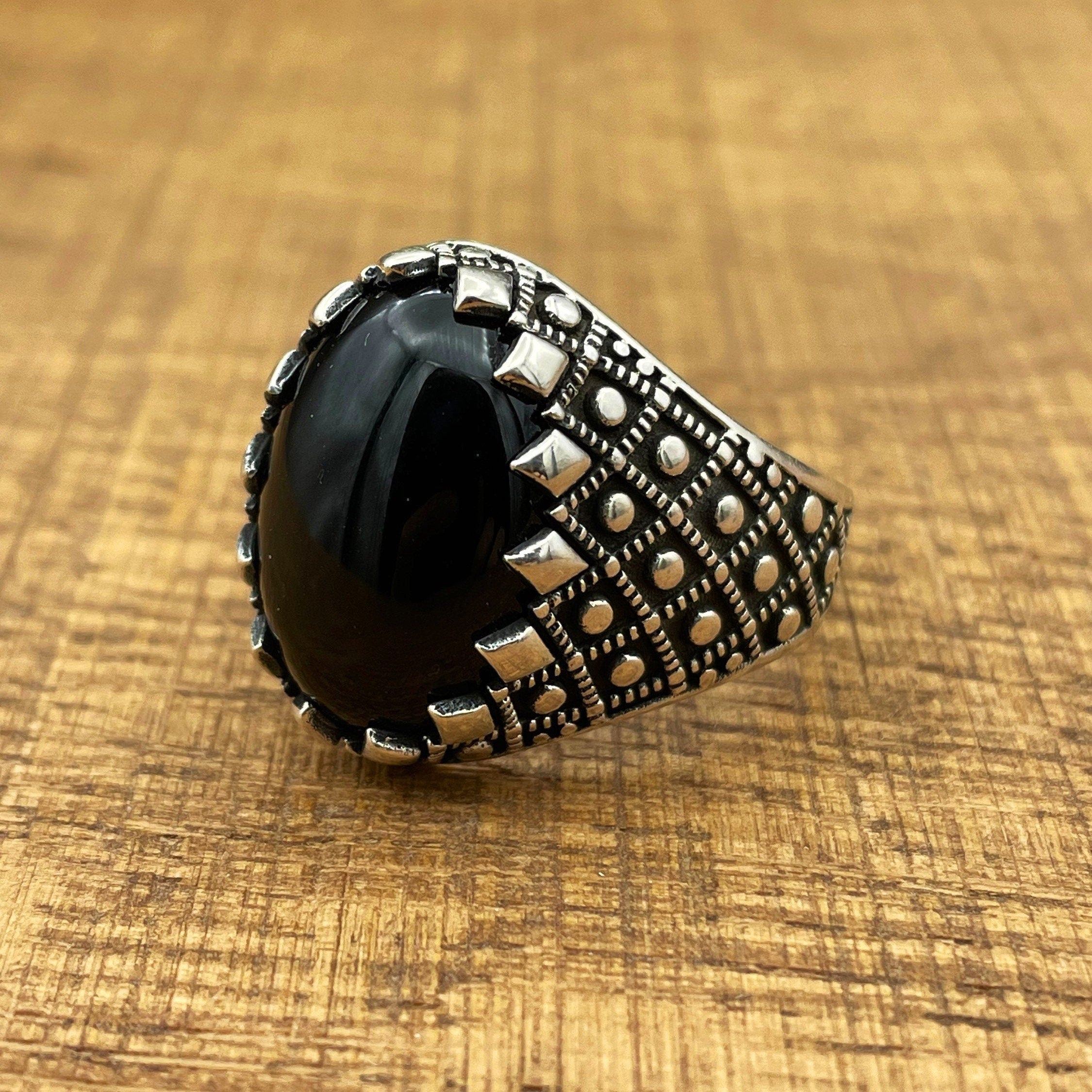 Handmade Sterling Silver Men's Ottoman Oval Black Onyx Ring