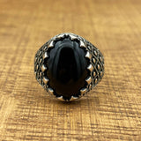 Handmade Sterling Silver Men's Ottoman Oval Black Onyx Ring