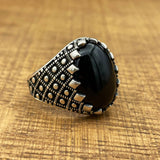Handmade Sterling Silver Men's Ottoman Oval Black Onyx Ring