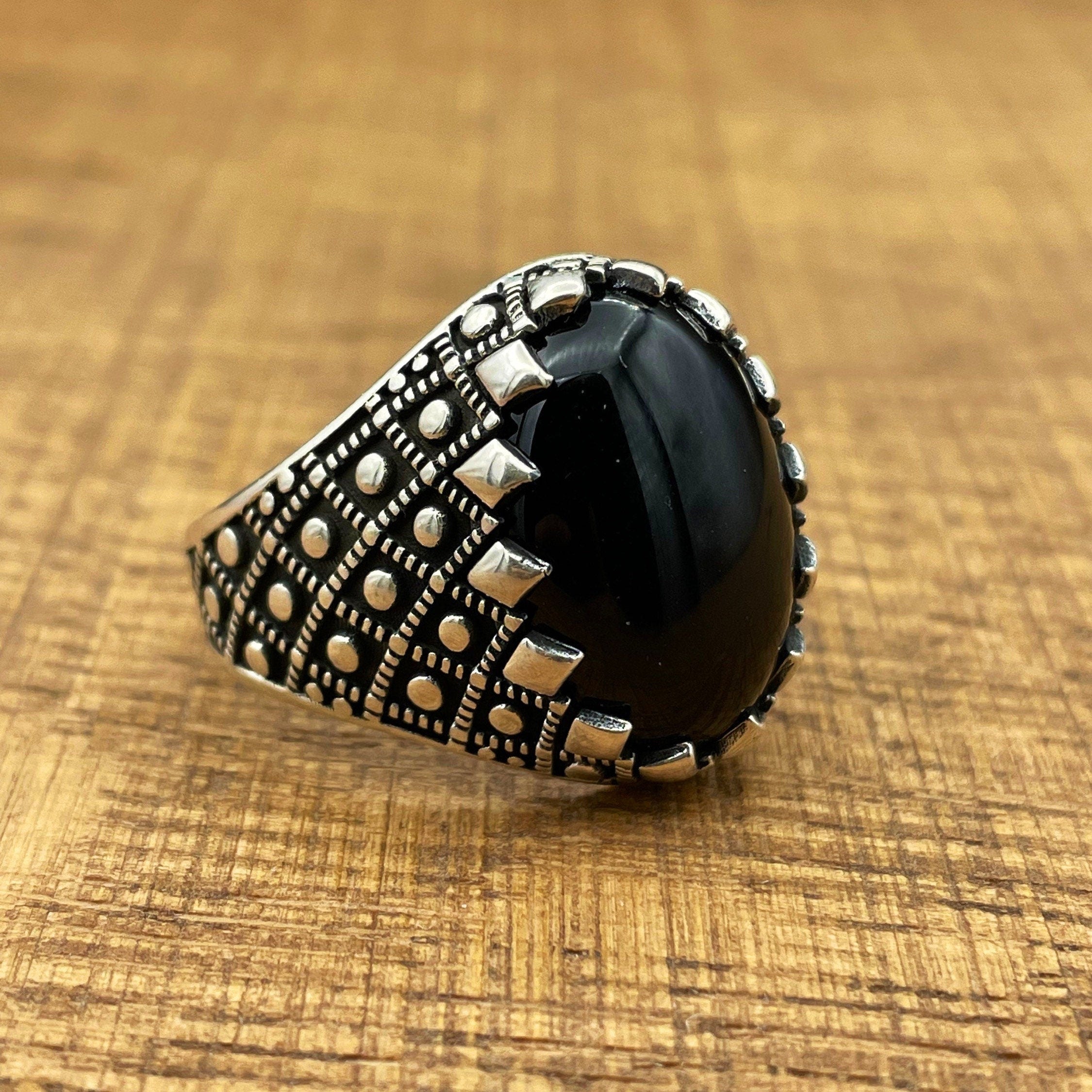 Handmade Sterling Silver Men's Ottoman Oval Black Onyx Ring
