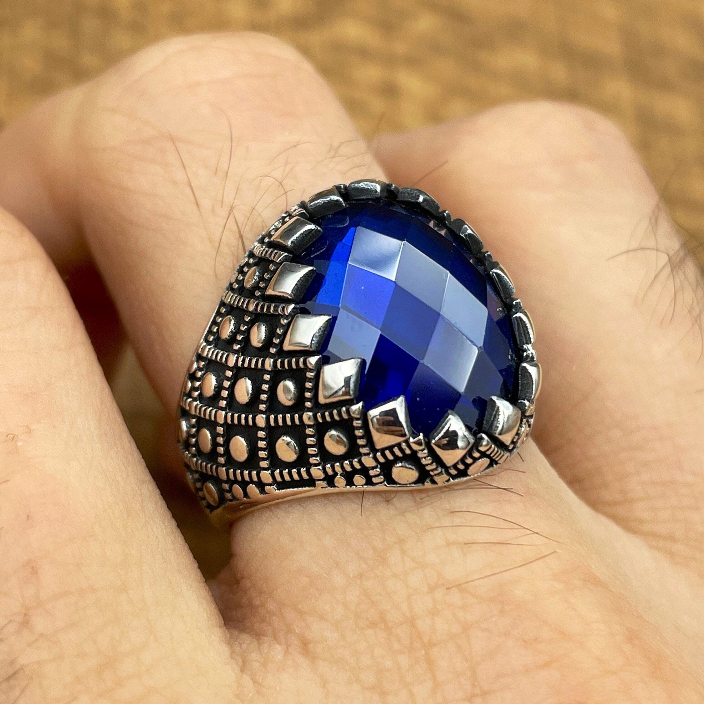 Handcrafted Ottoman Style Men's 925 Sterling Silver Ring with Oval Blue Zircon Stone - Elegant Gift for Him