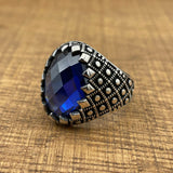 Handcrafted Ottoman Style Men's 925 Sterling Silver Ring with Oval Blue Zircon Stone - Elegant Gift for Him