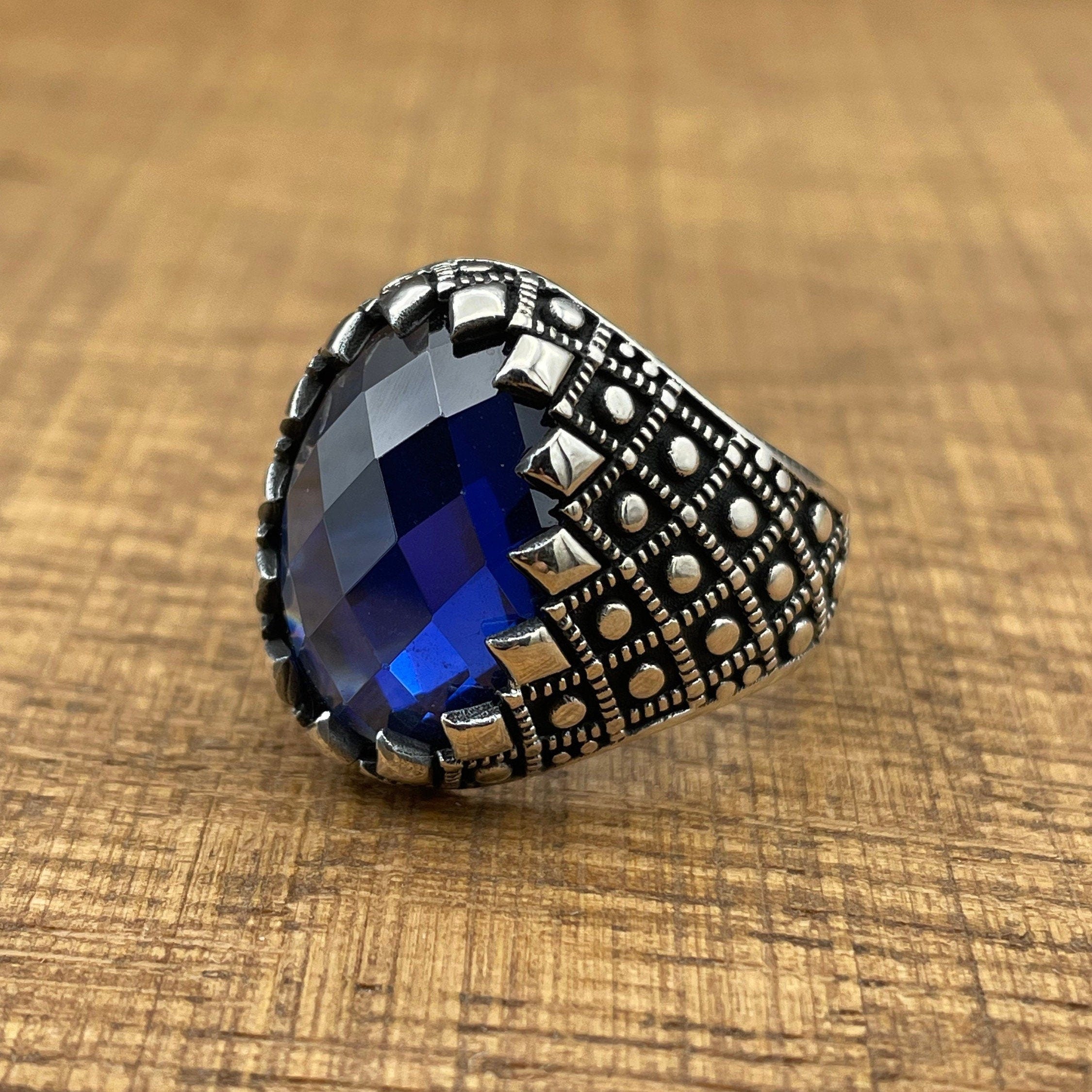 Handcrafted Ottoman Style Men's 925 Sterling Silver Ring with Oval Blue Zircon Stone - Elegant Gift for Him