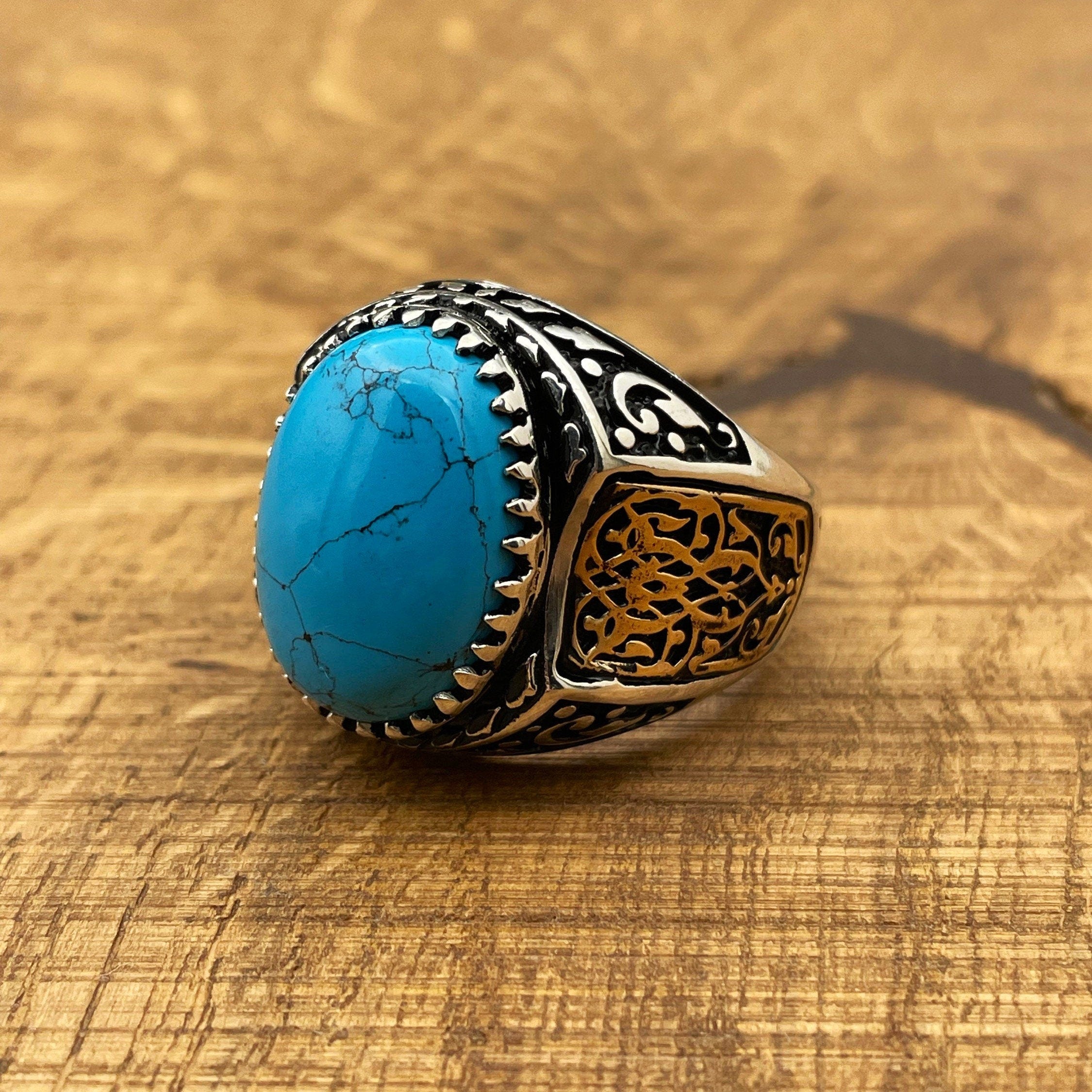 Handmade 925 Sterling Silver Men's Ring | Ottoman Style Oval Blue Turquoise | Elegant Gift for Him