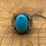 Handmade 925 Sterling Silver Men's Ring | Ottoman Style Oval Blue Turquoise | Elegant Gift for Him