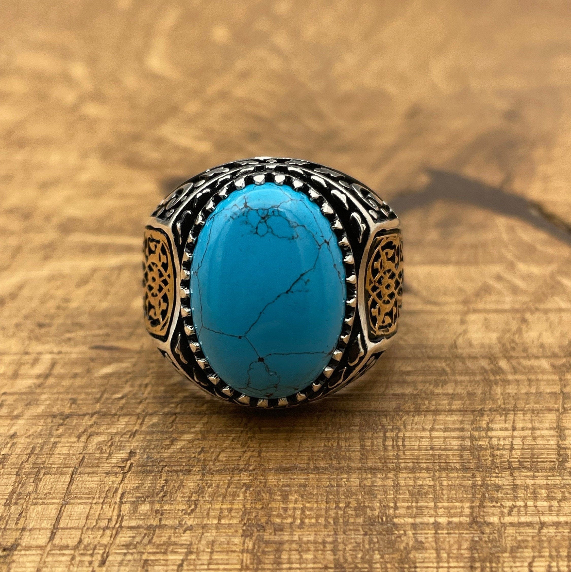Handmade 925 Sterling Silver Men's Ring | Ottoman Style Oval Blue Turquoise | Elegant Gift for Him