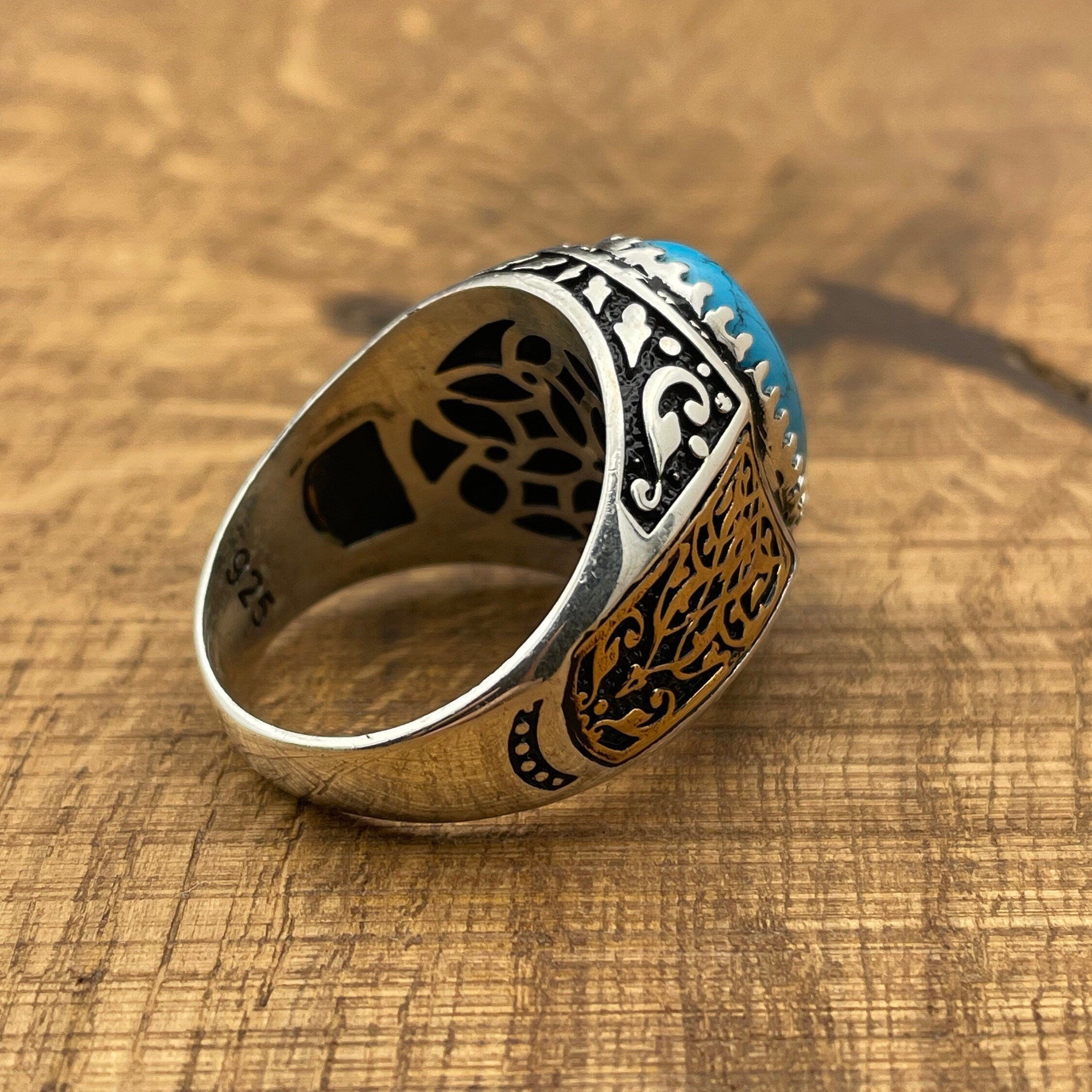 Handmade 925 Sterling Silver Men's Ring | Ottoman Style Oval Blue Turquoise | Elegant Gift for Him