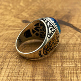 خاتم فضة استرليني 925 رجالي يدوي الصنع على الطراز العثماني بحجر أكوامارين أزرق بيضاوي