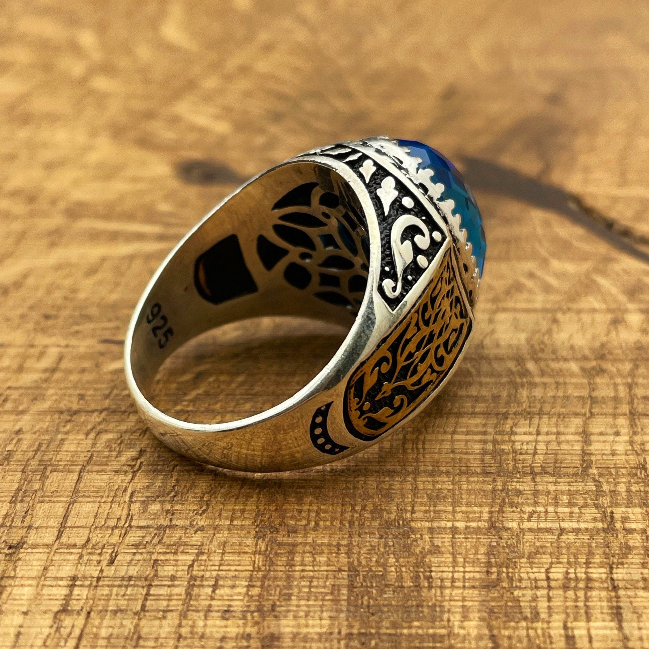 خاتم فضة استرليني 925 رجالي يدوي الصنع على الطراز العثماني بحجر أكوامارين أزرق بيضاوي