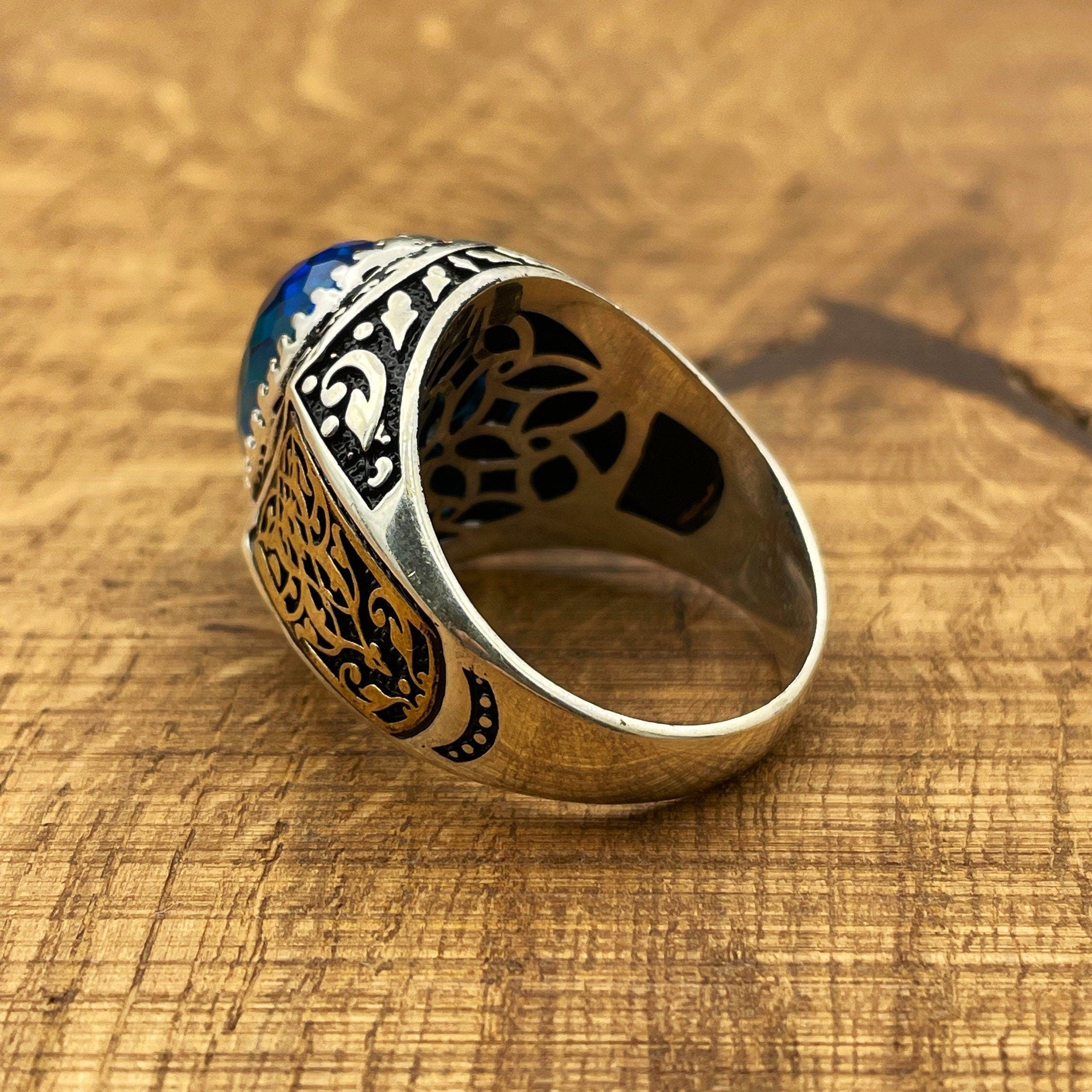 خاتم فضة استرليني 925 رجالي يدوي الصنع على الطراز العثماني بحجر أكوامارين أزرق بيضاوي