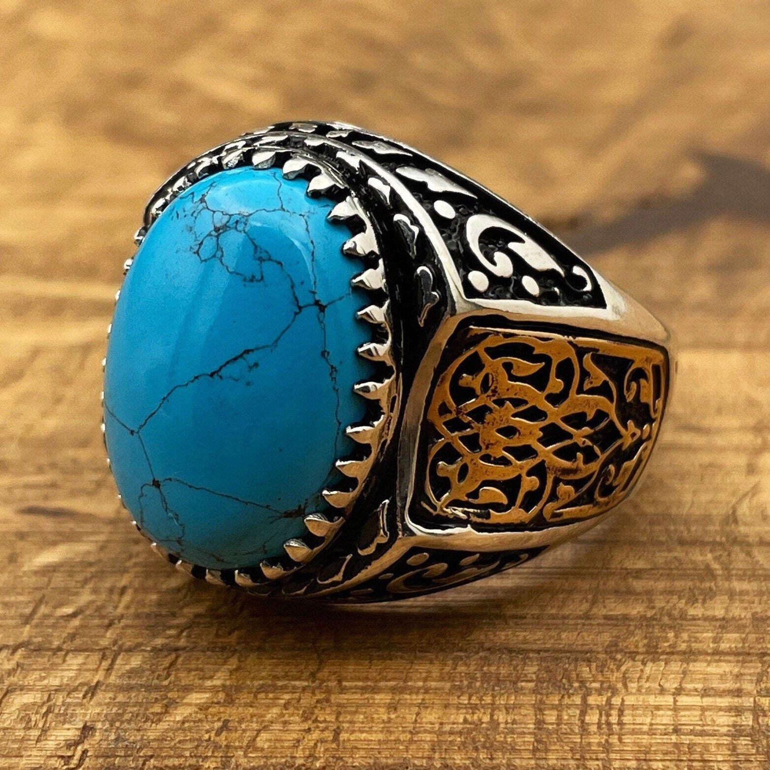 Handmade 925 Sterling Silver Men's Ring | Ottoman Style Oval Blue Turquoise | Elegant Gift for Him