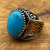 Handmade 925 Sterling Silver Men's Ring | Ottoman Style Oval Blue Turquoise | Elegant Gift for Him