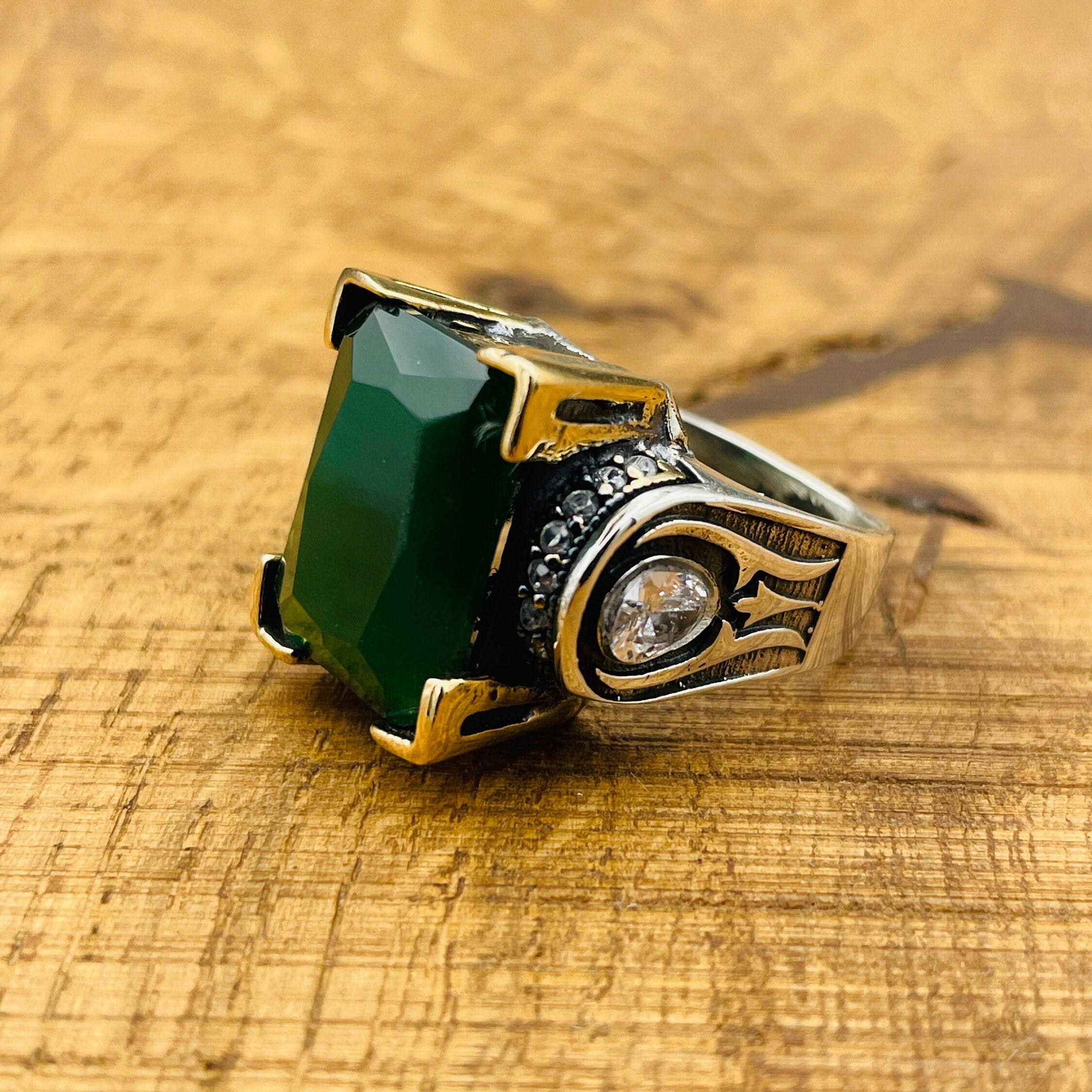 Turkish Handmade 925 Sterling Silver Square Green Agate Ring for Women | Unique Gift