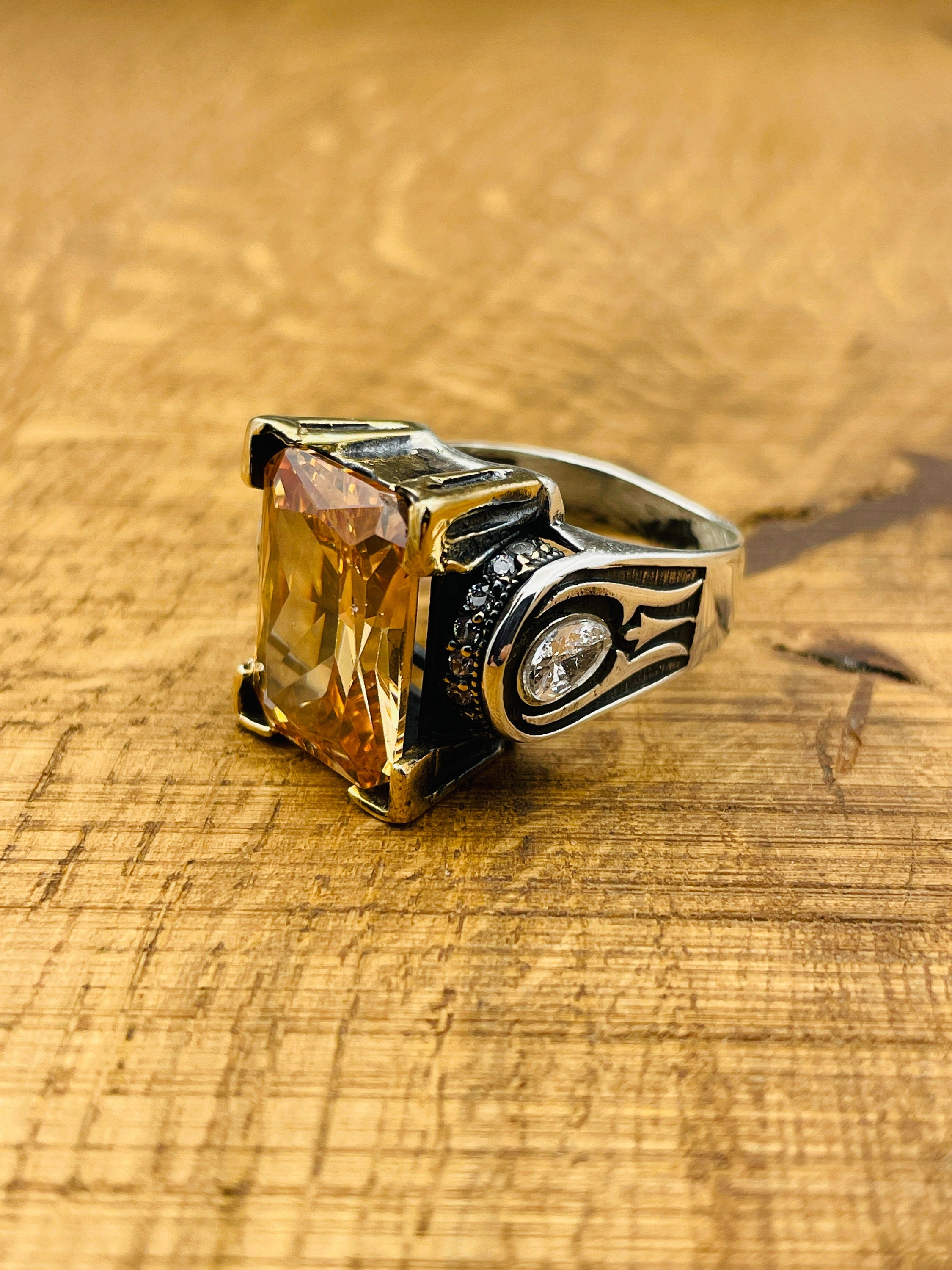 خاتم عقيق أصفر عثماني يدوي الصنع للنساء - مجوهرات تركية من الفضة الإسترلينية 925 هدية