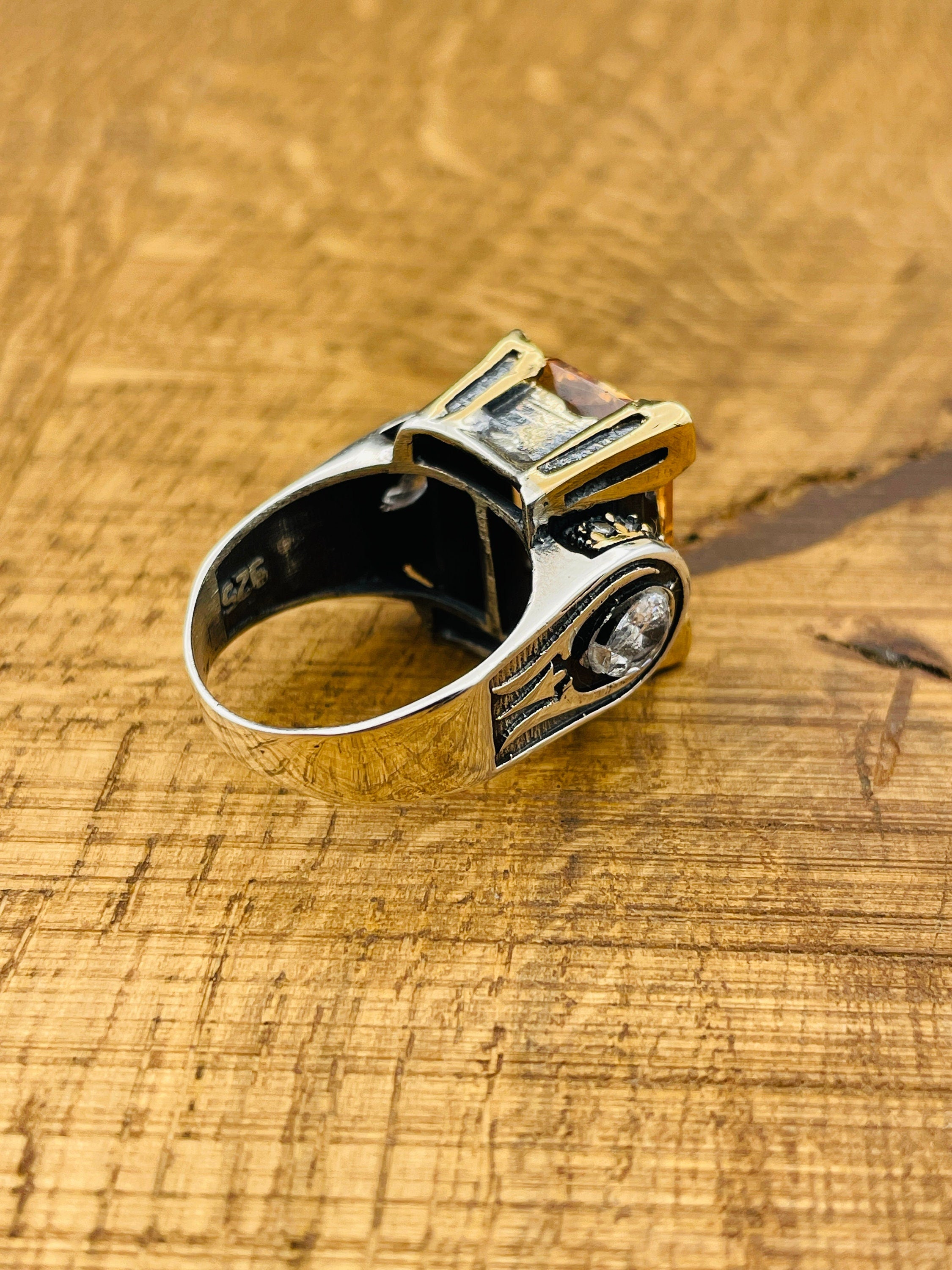 خاتم عقيق أصفر عثماني يدوي الصنع للنساء - مجوهرات تركية من الفضة الإسترلينية 925 هدية