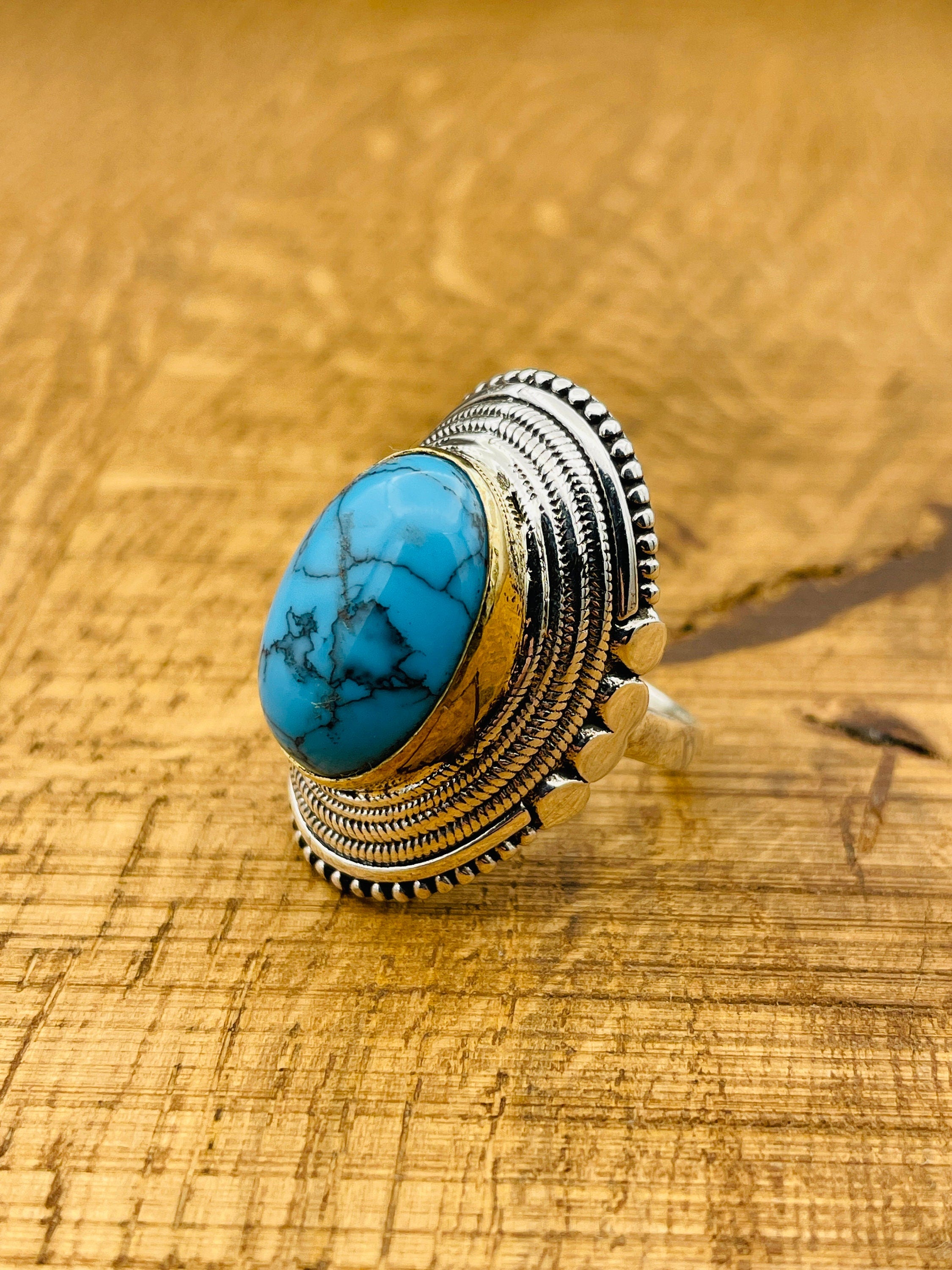 خاتم تركواز فضة استرلينية 925 على الطراز العثماني مصنوع يدوياً - مجوهرات فريدة للبيان والهدايا