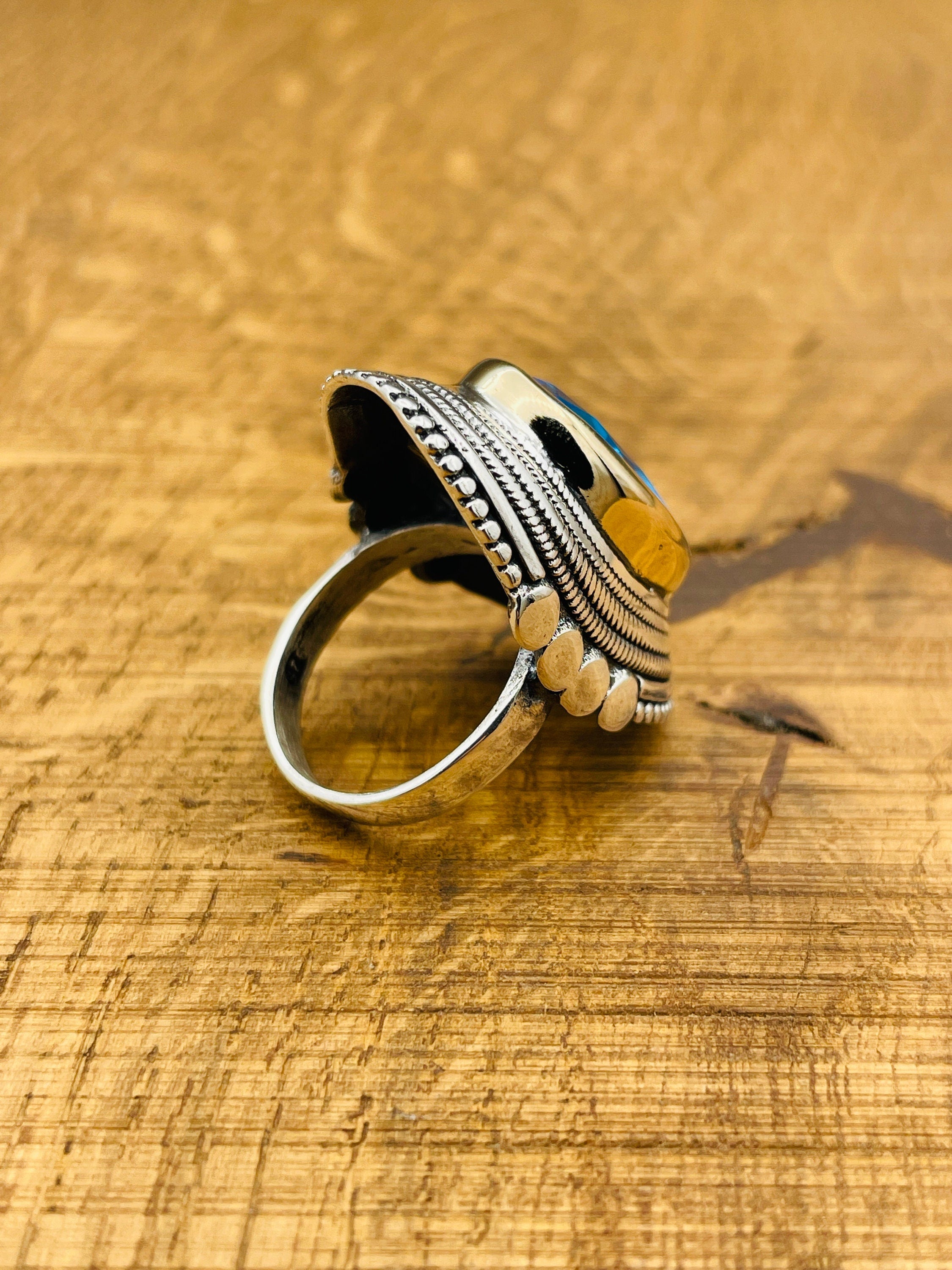 خاتم فضة استرليني 925 مزين بحجر أكوامارين أزرق تركي مصنوع يدوياً بشكل رائع