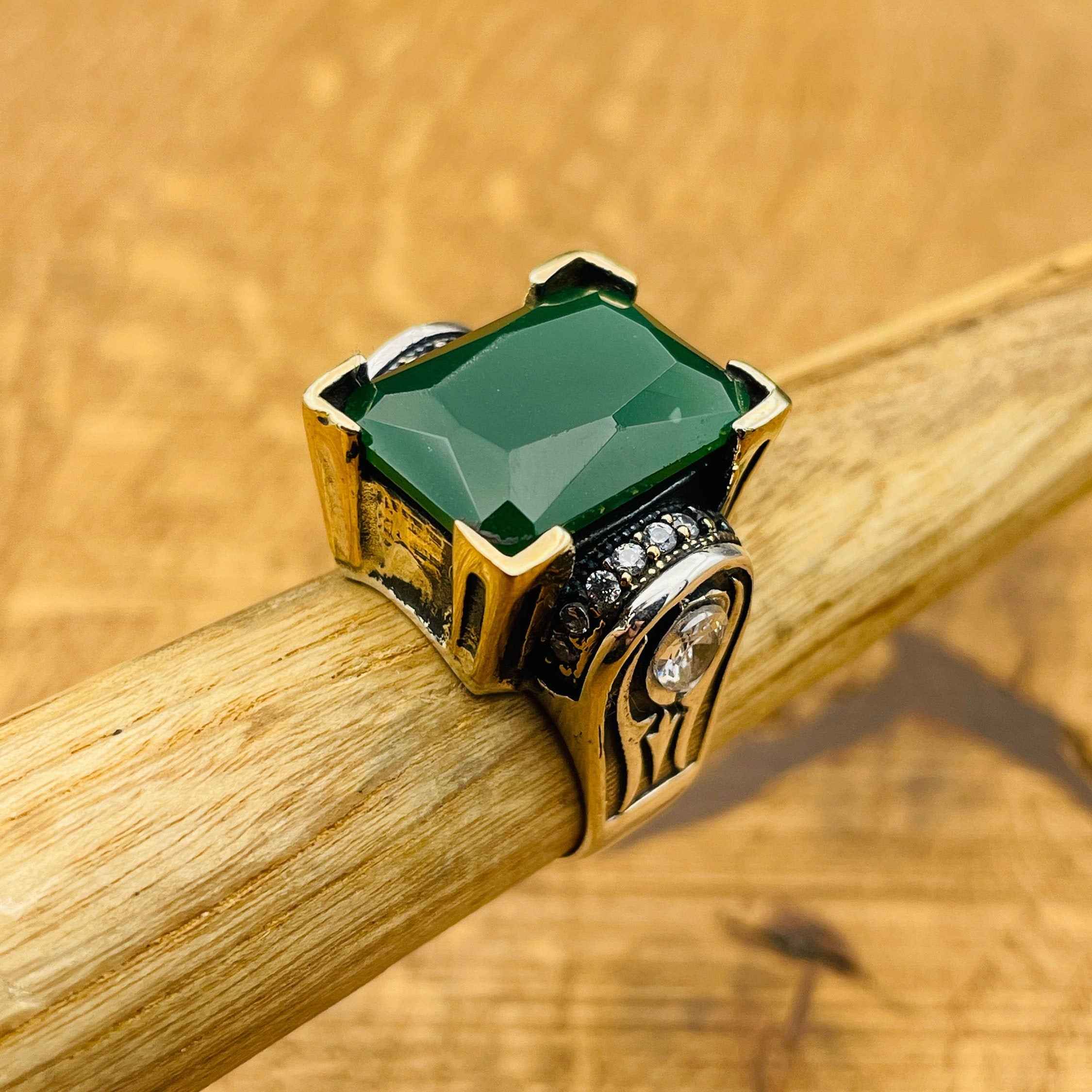 Turkish Handmade 925 Sterling Silver Square Green Agate Ring for Women | Unique Gift