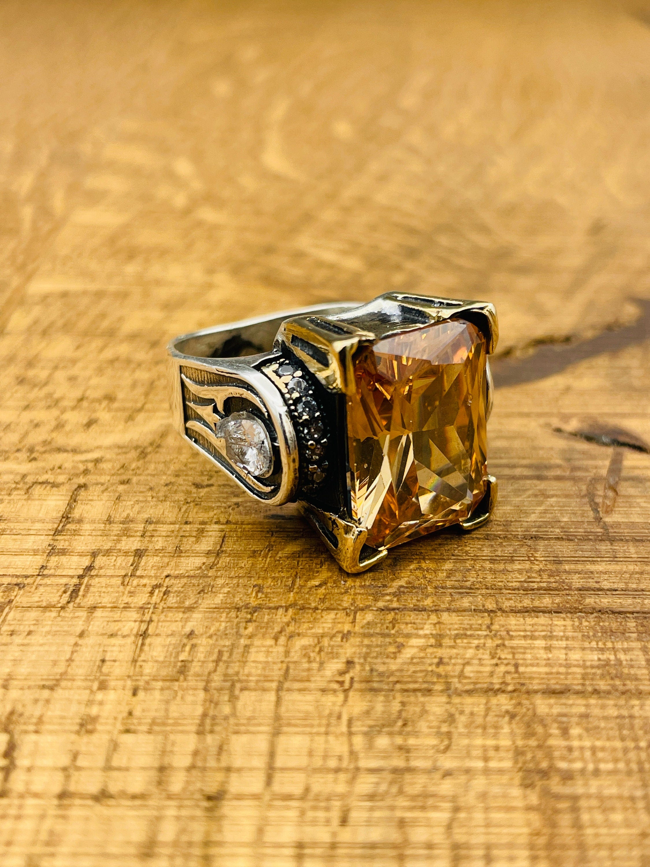 خاتم عقيق أصفر عثماني يدوي الصنع للنساء - مجوهرات تركية من الفضة الإسترلينية 925 هدية