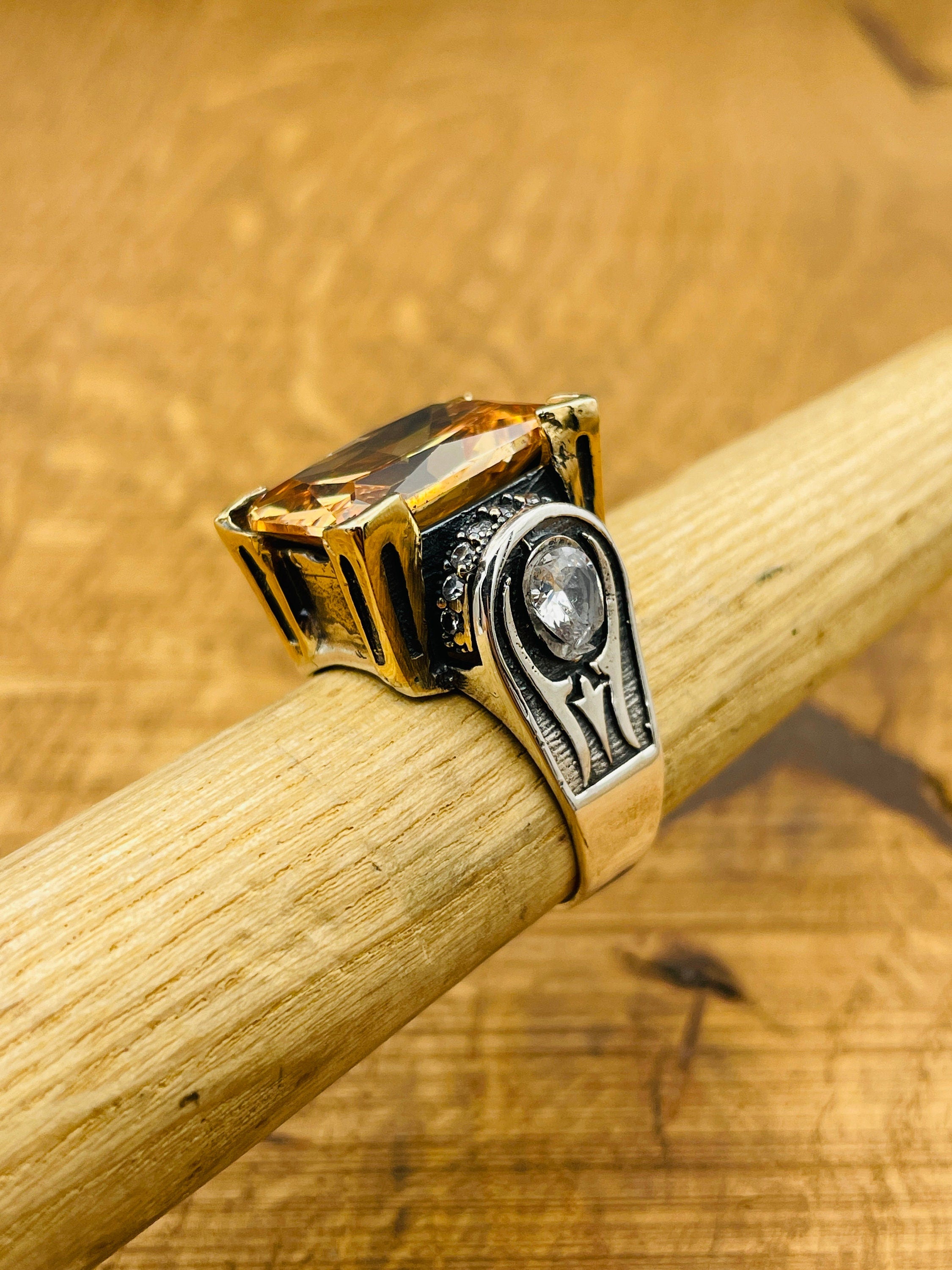 خاتم عقيق أصفر عثماني يدوي الصنع للنساء - مجوهرات تركية من الفضة الإسترلينية 925 هدية