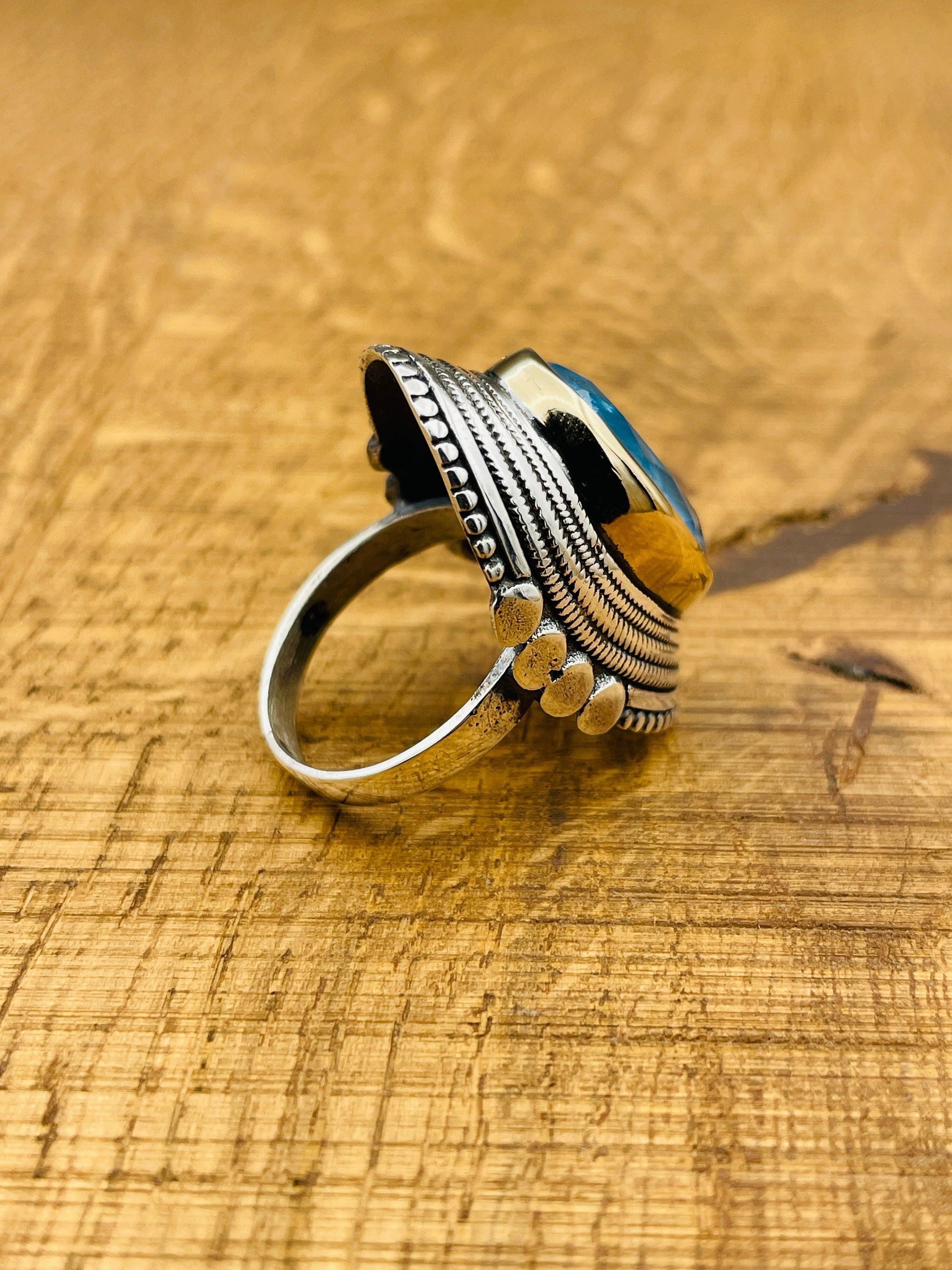 خاتم نسائي أزرق فاتح من الباراíba مصنوع يدوياً من الفضة الإسترلينية 925 على الطراز العثماني الفاخر