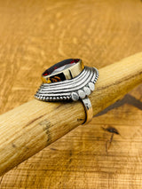 خاتم نسائي كبير بيضاوي من الفضة الإسترلينية 925 مع حجر ياقوت أحمر مستوحى من الطراز العثماني