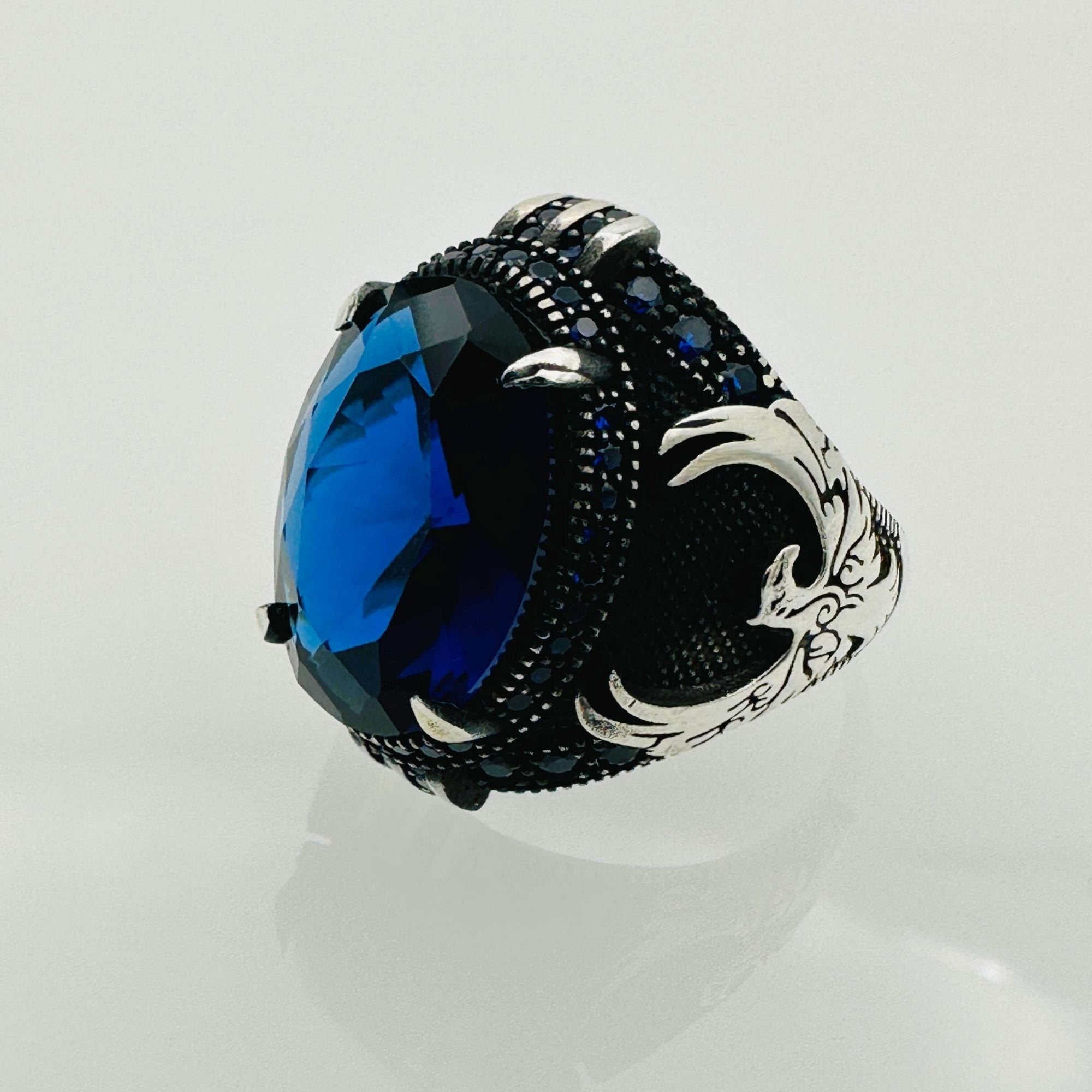 Handmade Men's Eagle Blue Sapphire Silver Ring