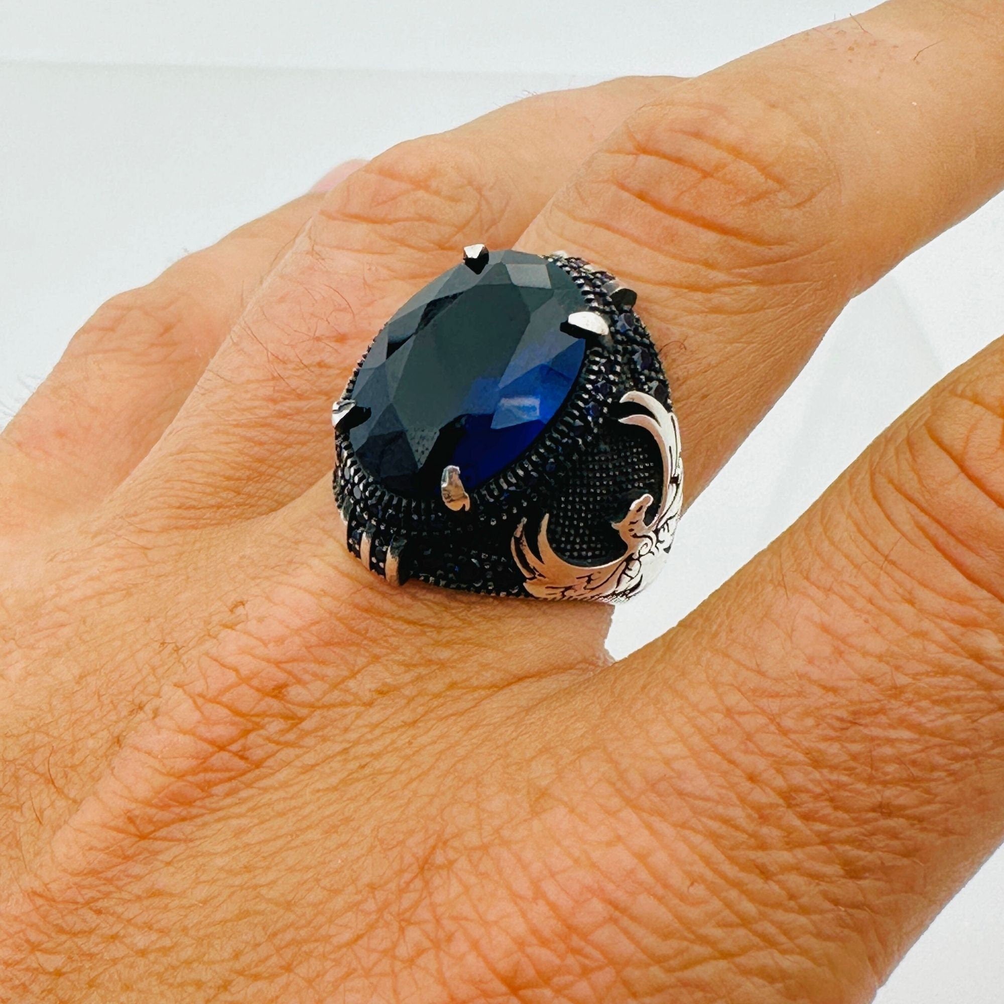 Handmade Men's Eagle Blue Sapphire Silver Ring