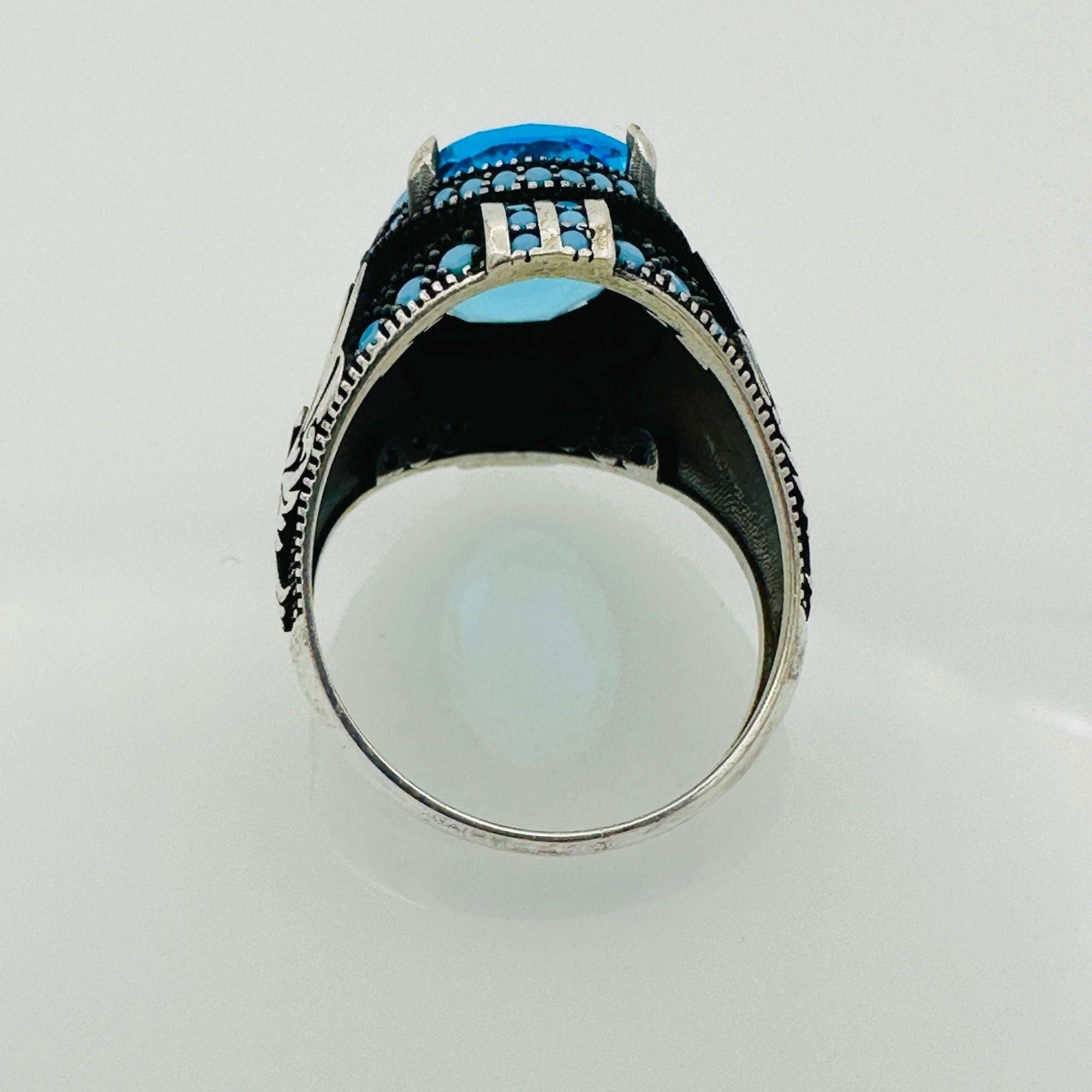 Turkish Handmade Men's Aquamarine Eagle Silver Ring
